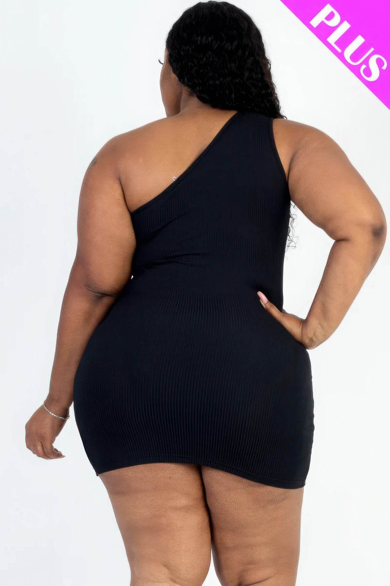 Plus Size Ribbed One Shoulder Cutout Front Casual Mini Bodycon Dress - DaTrendStore.Com