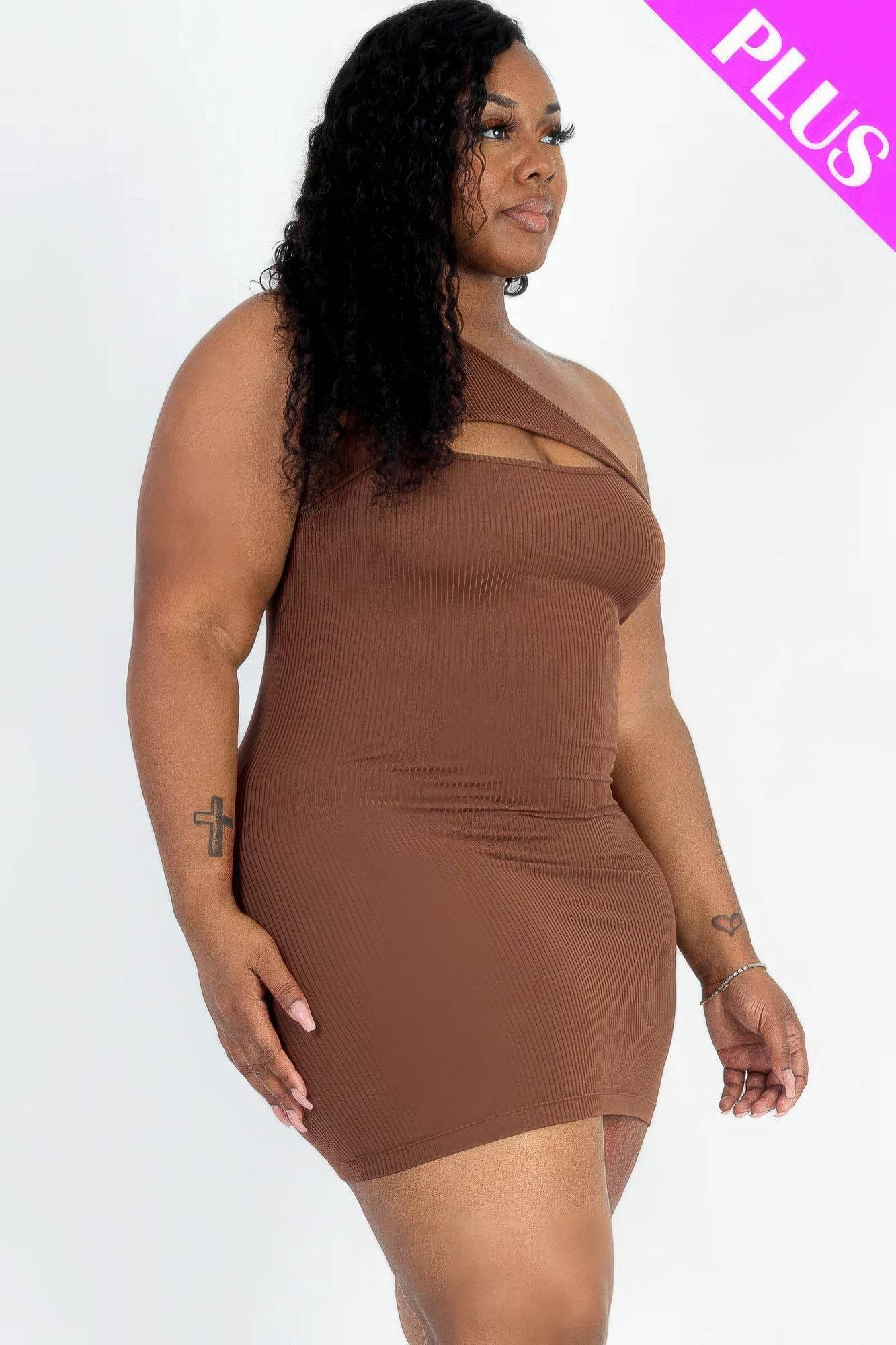 Plus Size Ribbed One Shoulder Cutout Front Casual Mini Bodycon Dress - DaTrendStore.Com