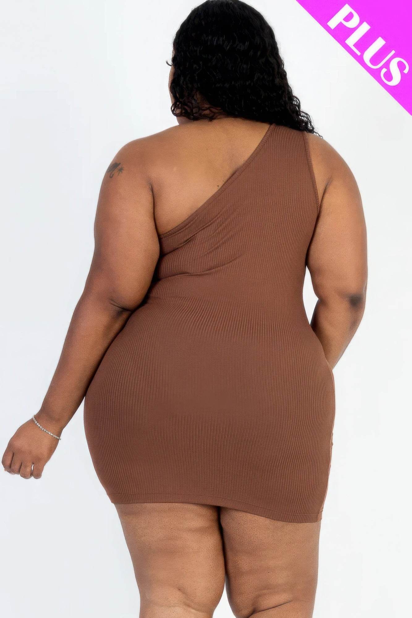 Plus Size Ribbed One Shoulder Cutout Front Casual Mini Bodycon Dress - DaTrendStore.Com