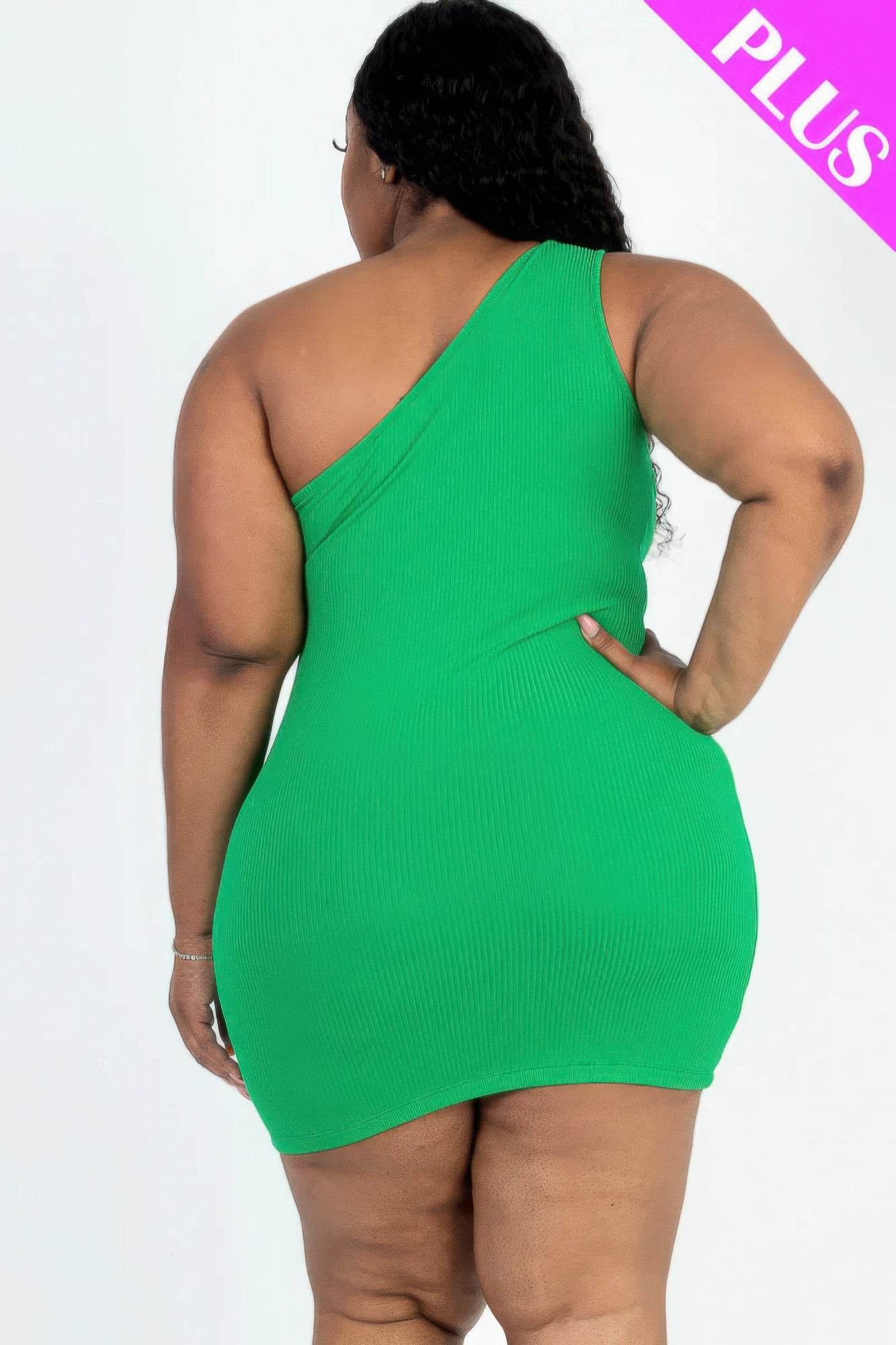Plus Size Ribbed One Shoulder Cutout Front Casual Mini Bodycon Dress - DaTrendStore.Com