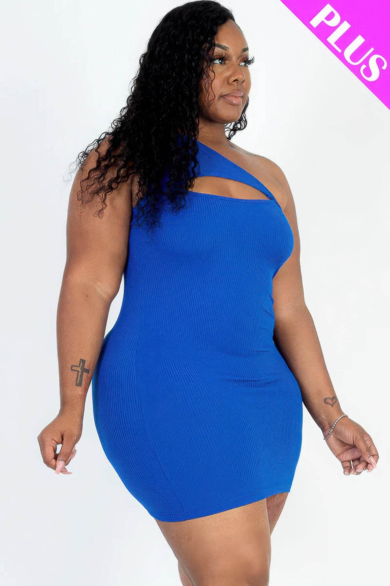 Plus Size Ribbed One Shoulder Cutout Front Casual Mini Bodycon Dress - DaTrendStore.Com
