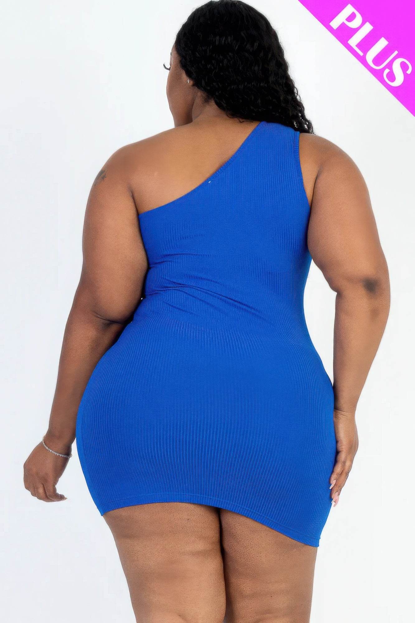 Plus Size Ribbed One Shoulder Cutout Front Casual Mini Bodycon Dress - DaTrendStore.Com