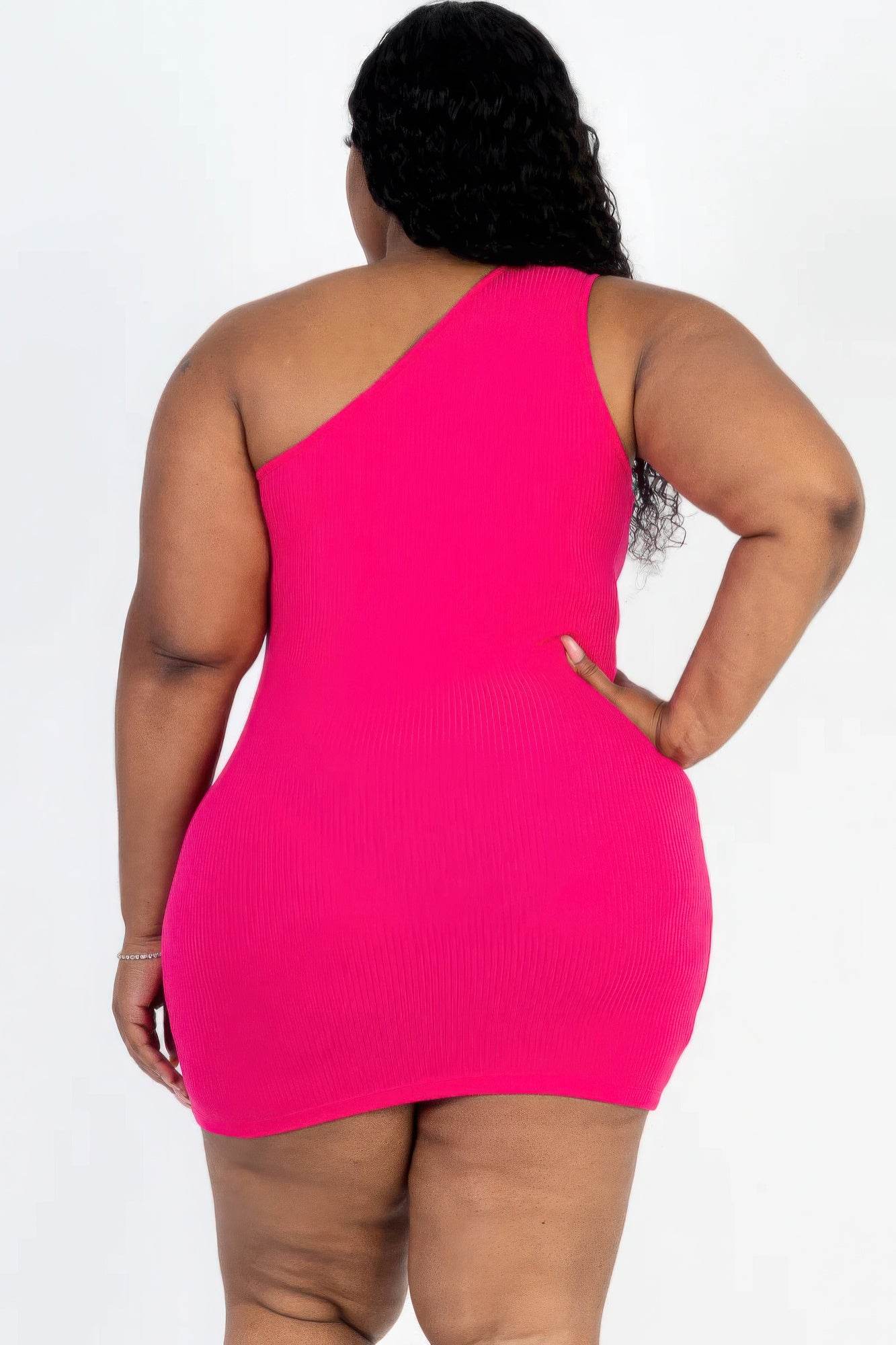 Plus Size Ribbed One Shoulder Cutout Front Casual Mini Bodycon Dress - DaTrendStore.Com