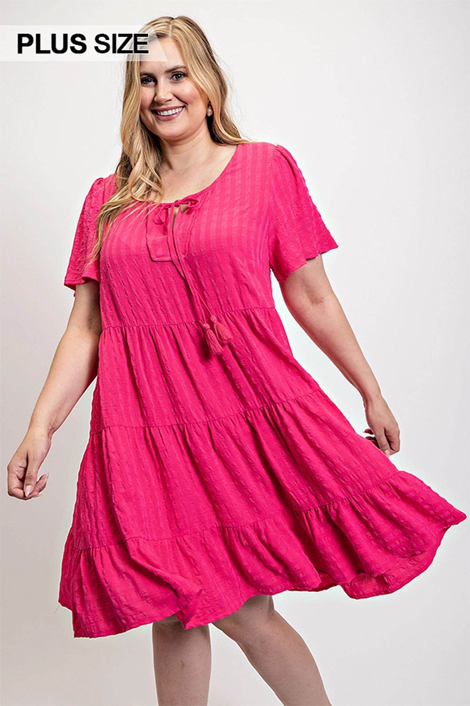 Textured woven tiered dress with tassel tie and pockets - DaTrendStore.Com