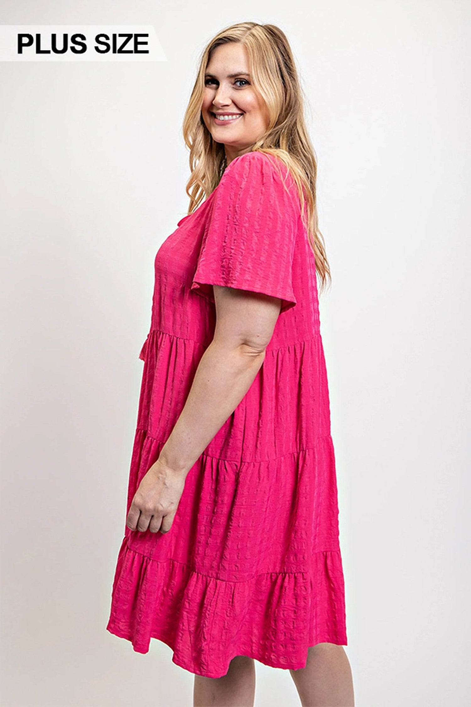 Textured woven tiered dress with tassel tie and pockets - DaTrendStore.Com