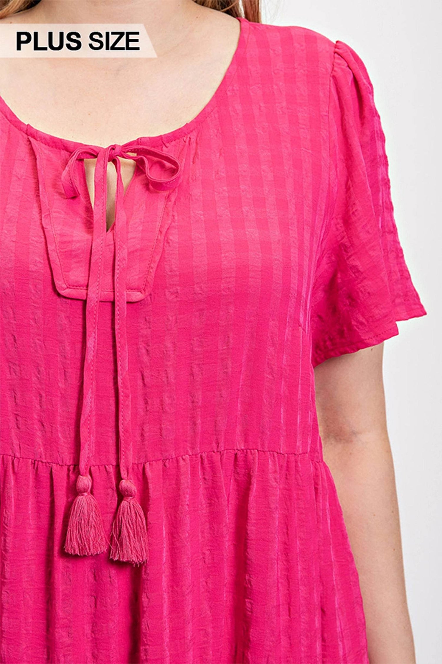 Textured woven tiered dress with tassel tie and pockets - DaTrendStore.Com
