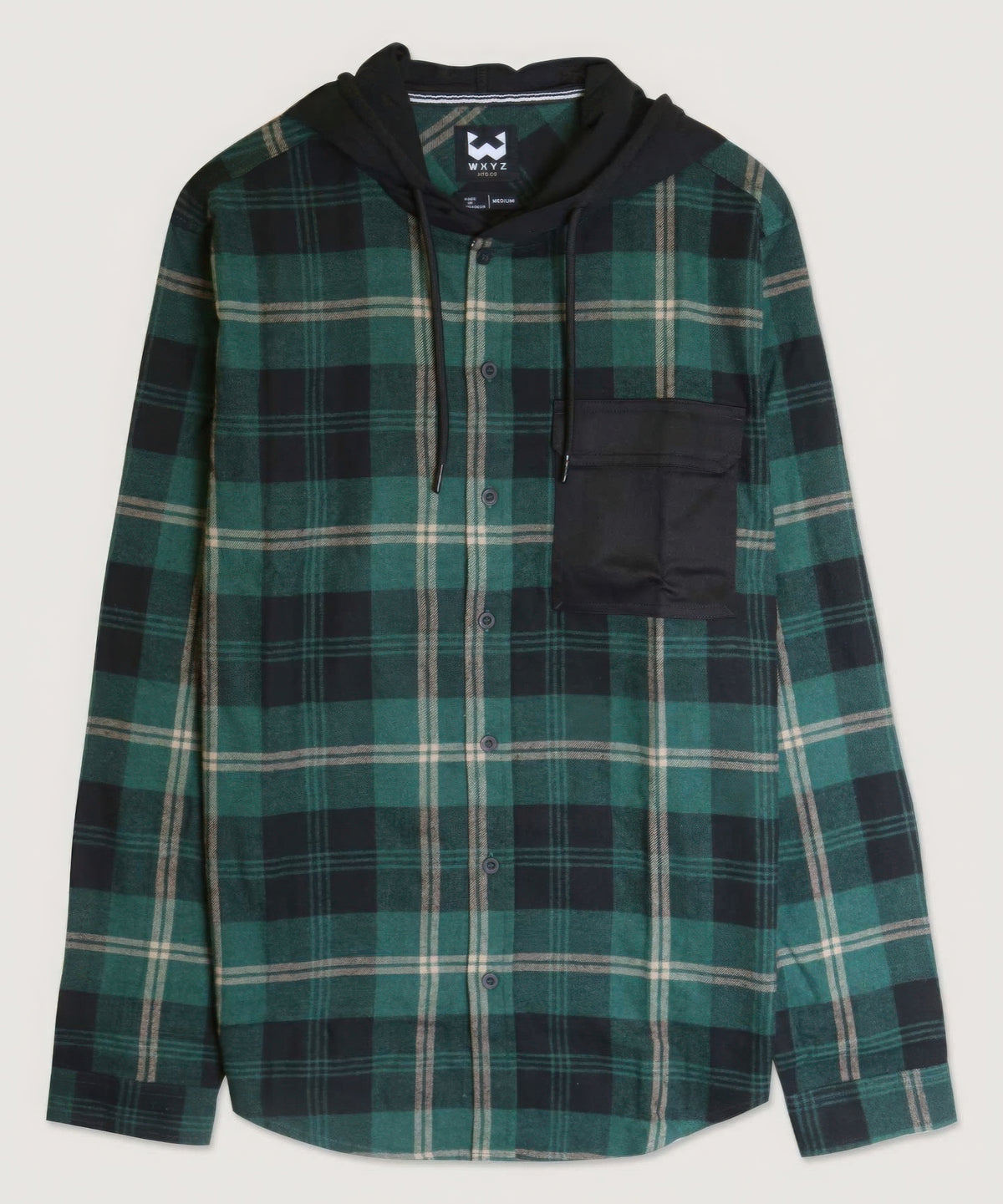 Contrast Pocket Plaid Hooded Shirt in Forest