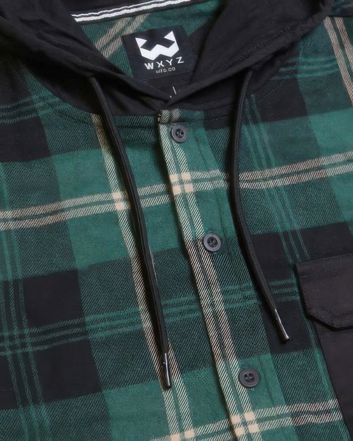 Contrast Pocket Plaid Hooded Shirt in Forest