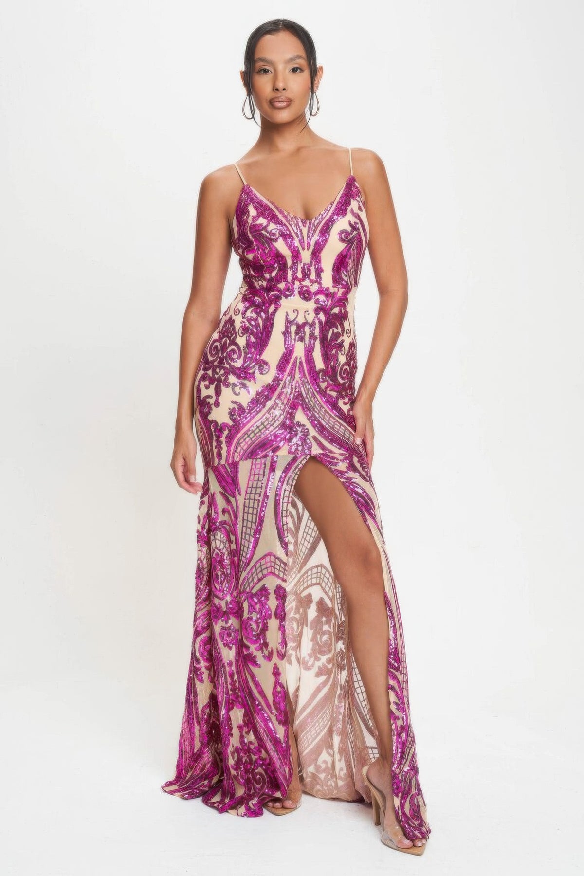 Spaghetti Strap Art Deco Sequins Maxi Dress - Fuchsia