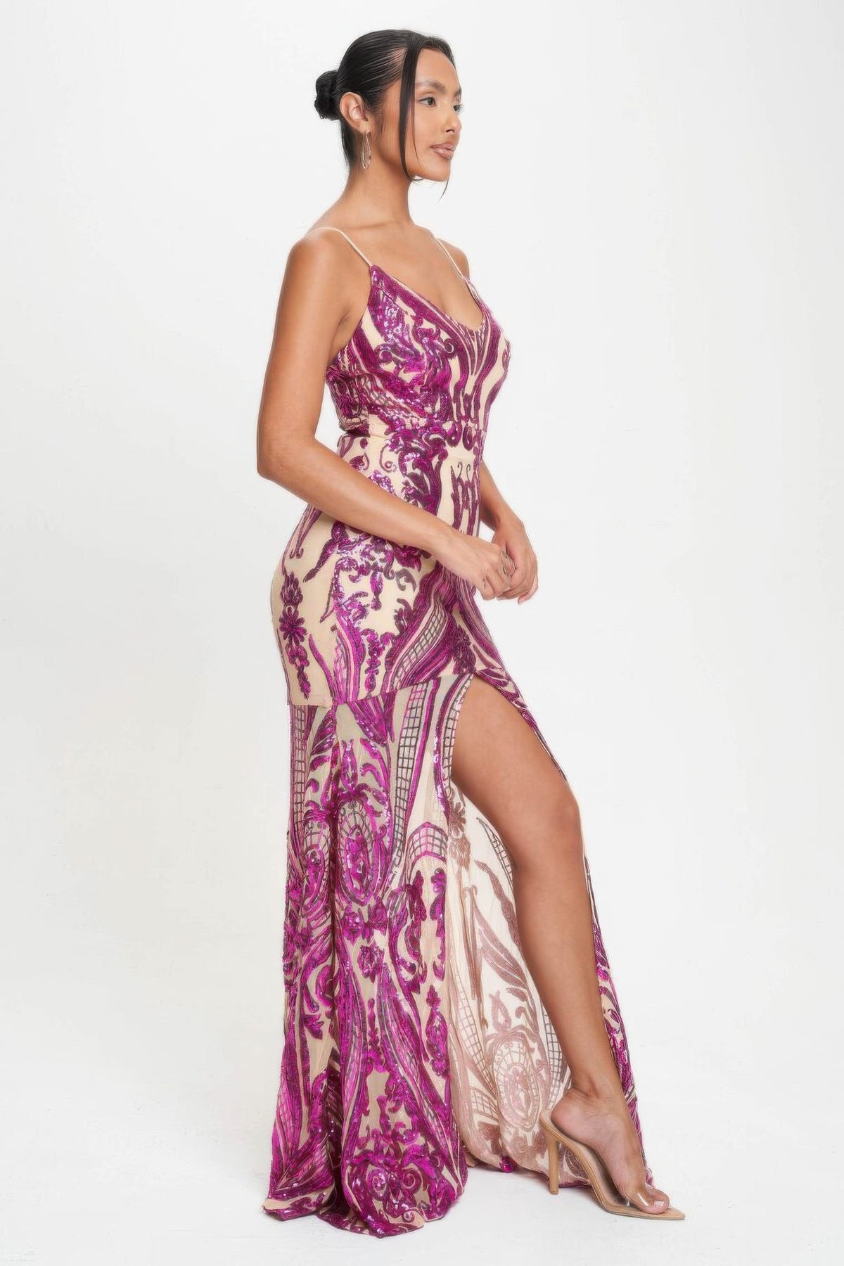 Spaghetti Strap Art Deco Sequins Maxi Dress - Fuchsia