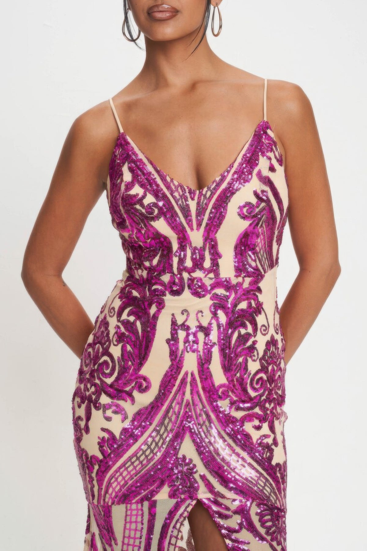 Spaghetti Strap Art Deco Sequins Maxi Dress - Fuchsia