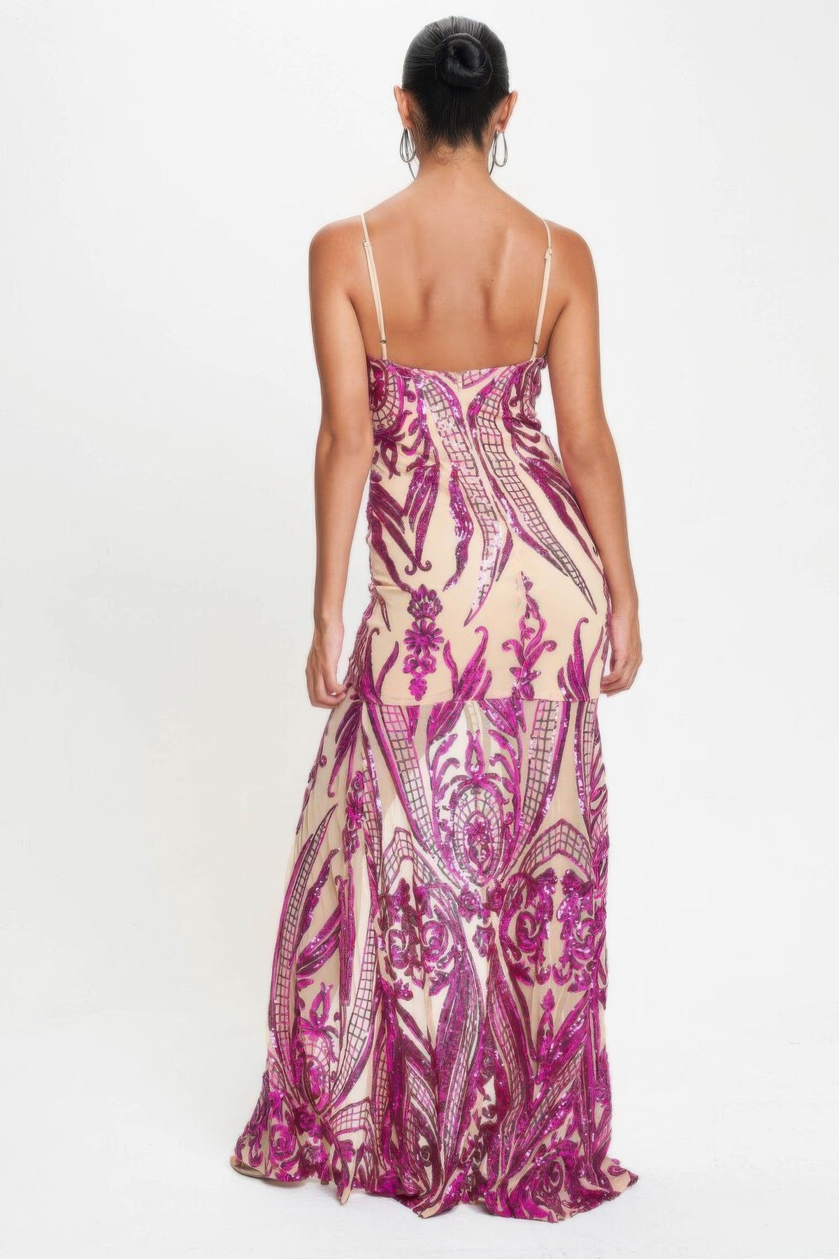 Spaghetti Strap Art Deco Sequins Maxi Dress - Fuchsia