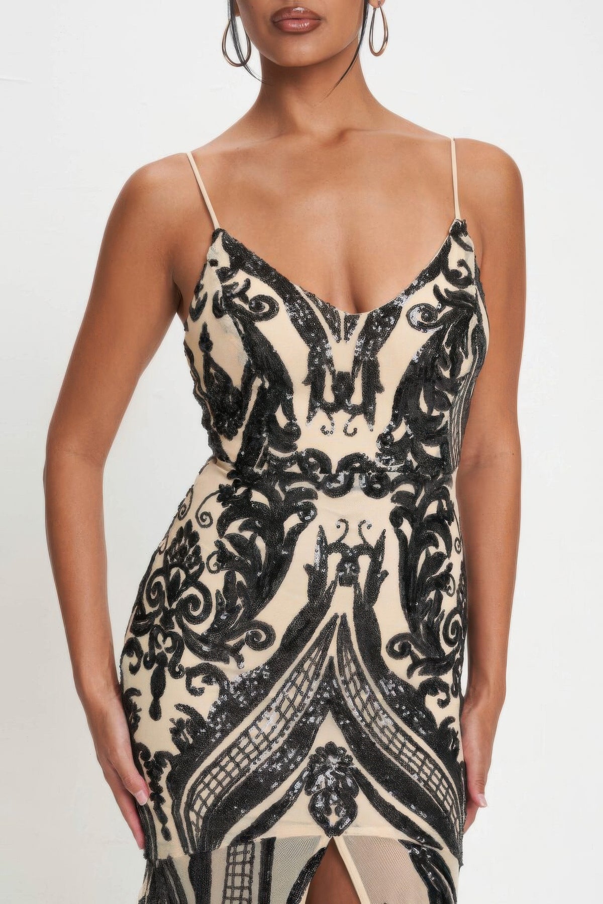 Spaghetti Strap Art Deco Sequins Maxi Dress - Black