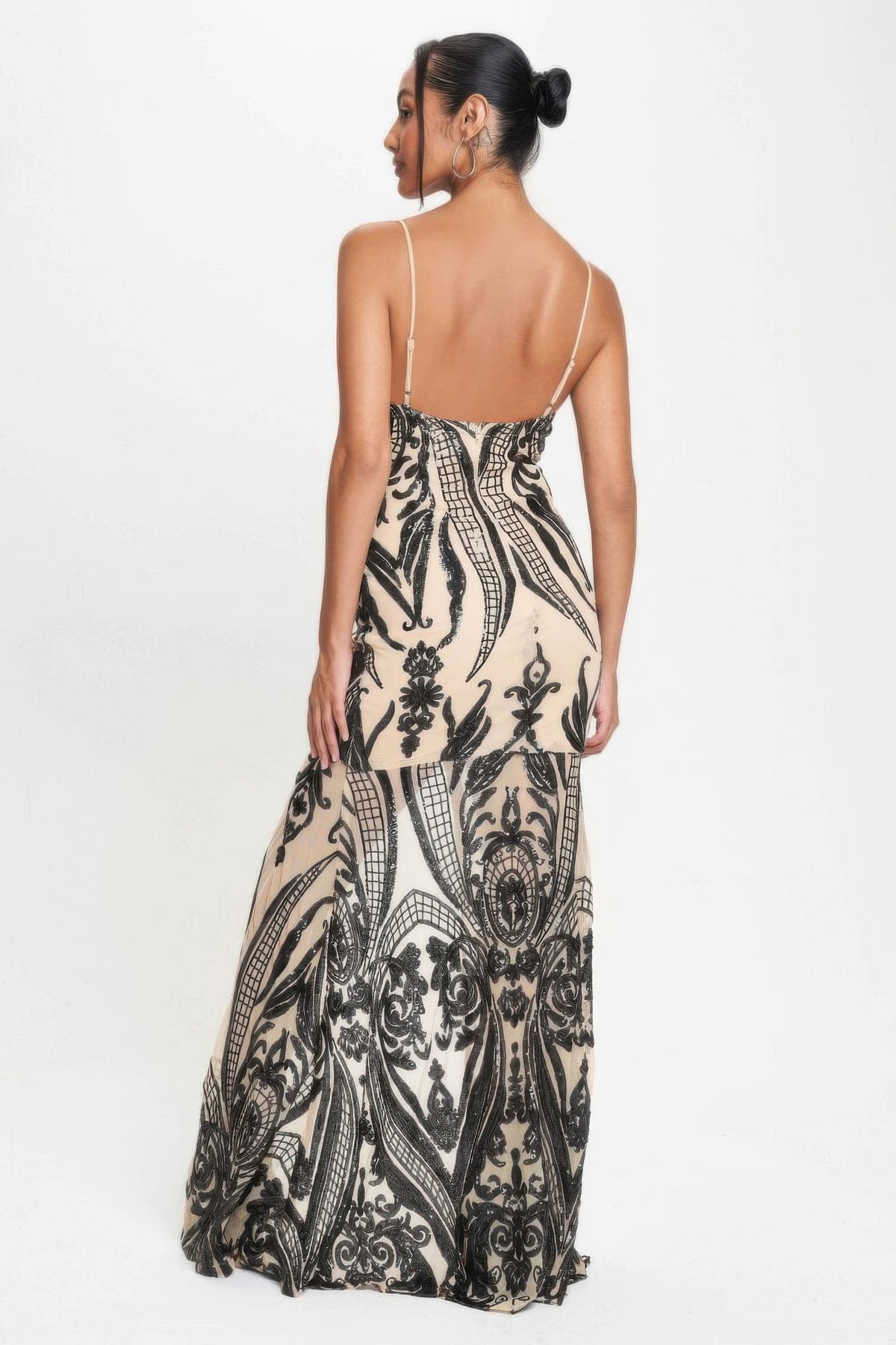 Spaghetti Strap Art Deco Sequins Maxi Dress - Black