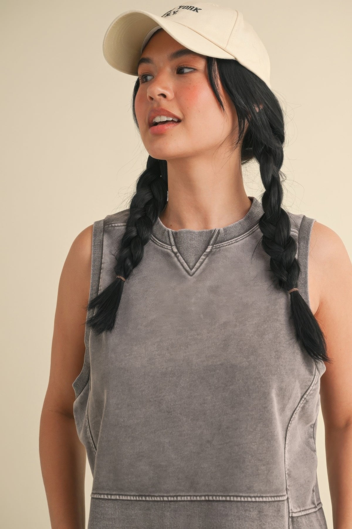 Mineral Wash Sleeveless Top - Charcoal
