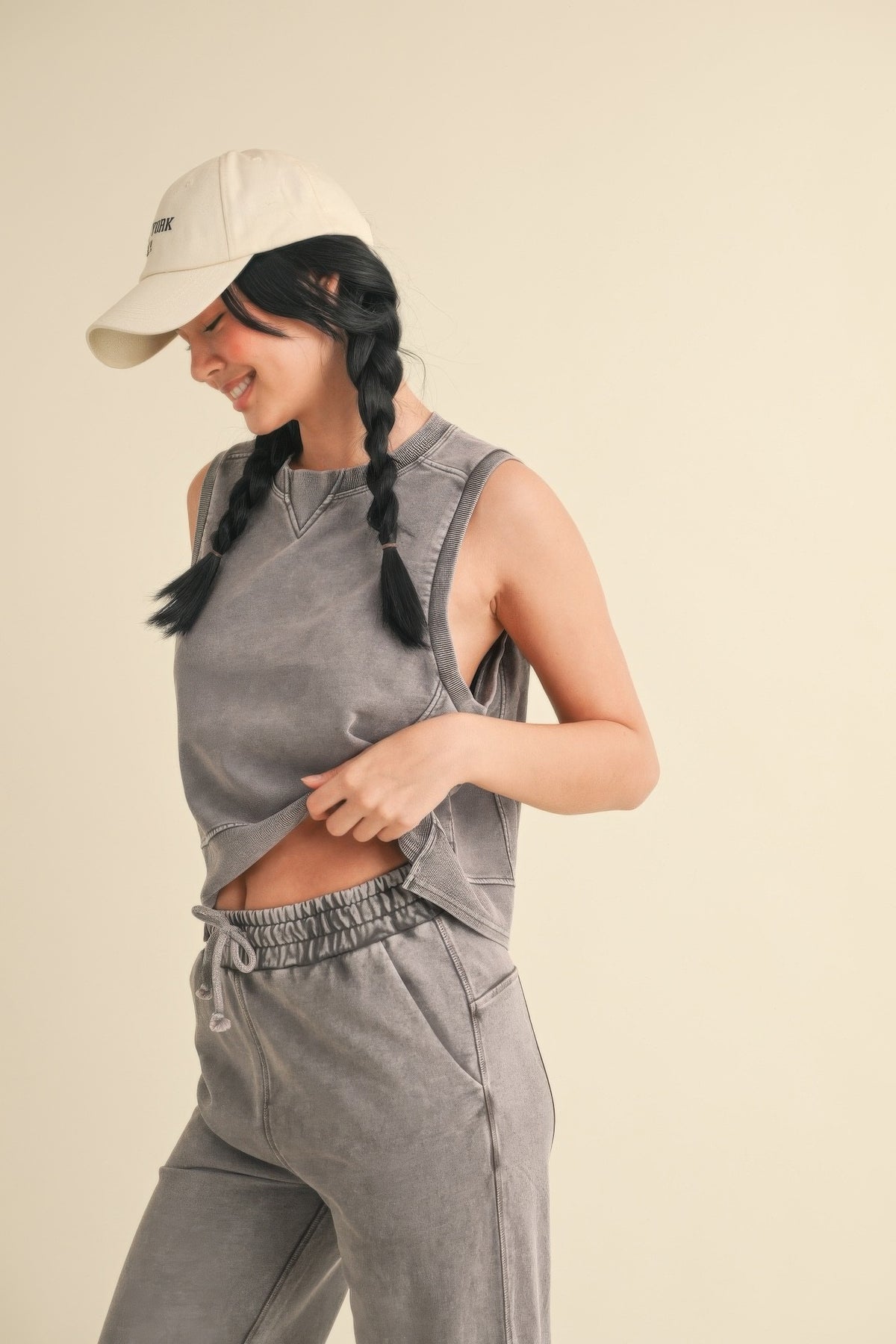 Mineral Wash Sleeveless Top - Charcoal