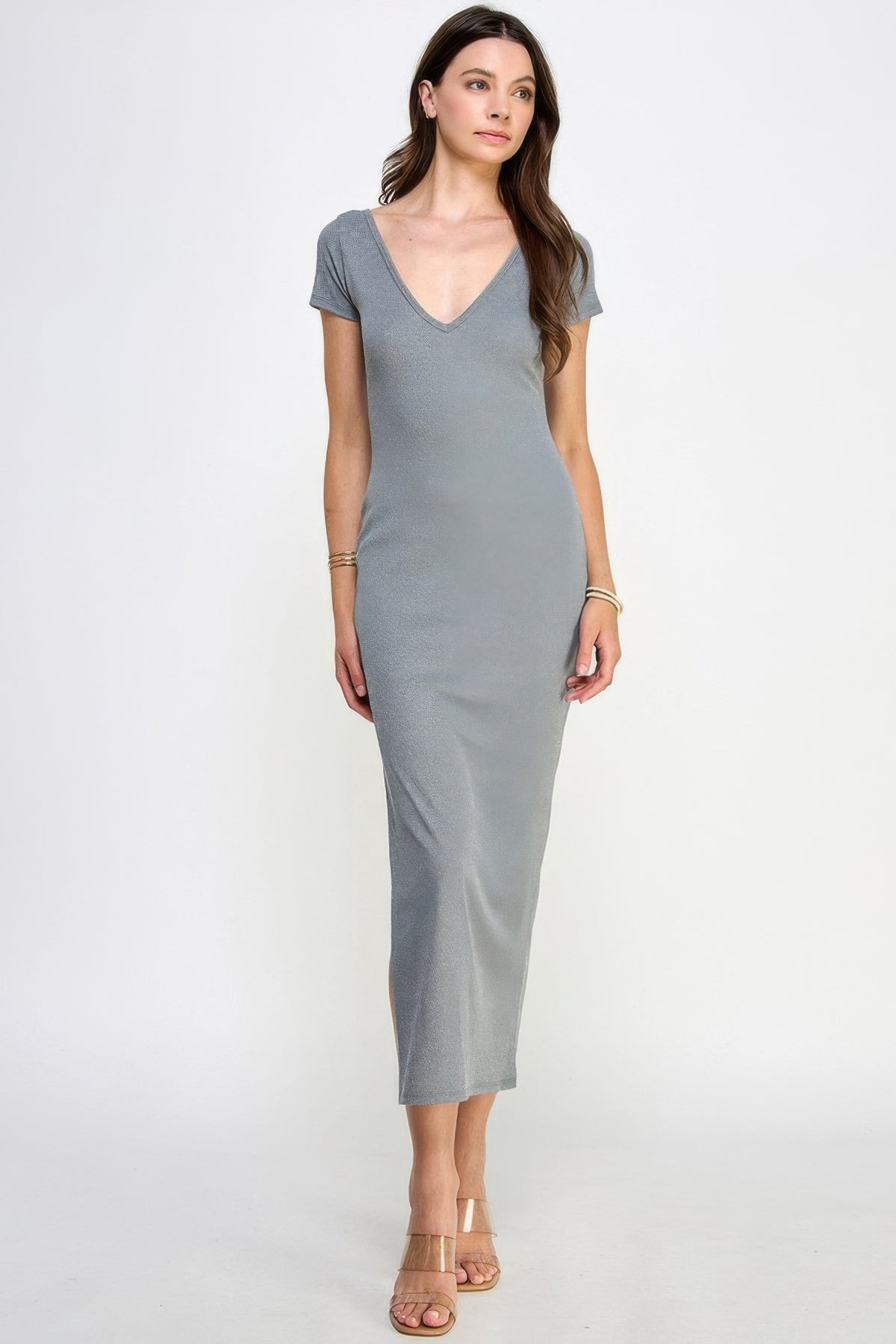 Double V-neck Ribbed Maxi Dress