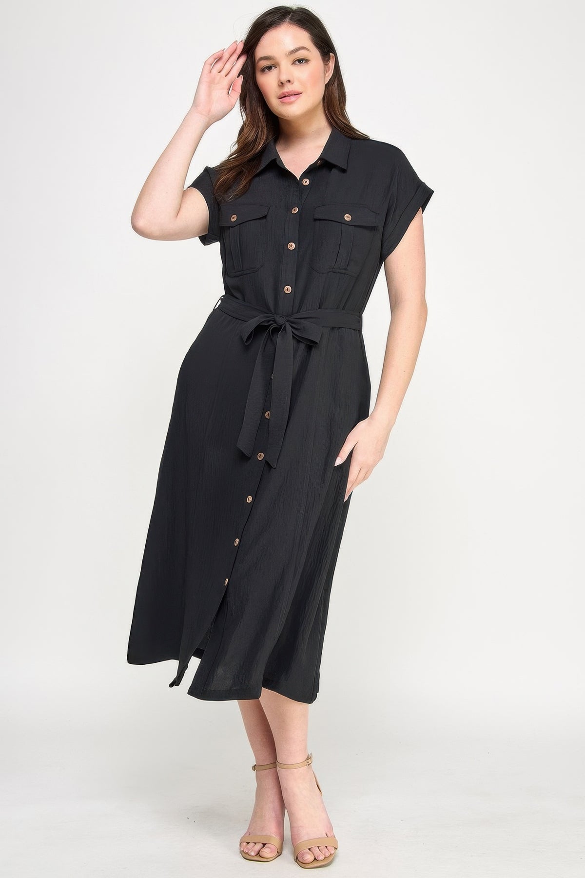 Black Front Tied Buttoned Short Sleeve Dress