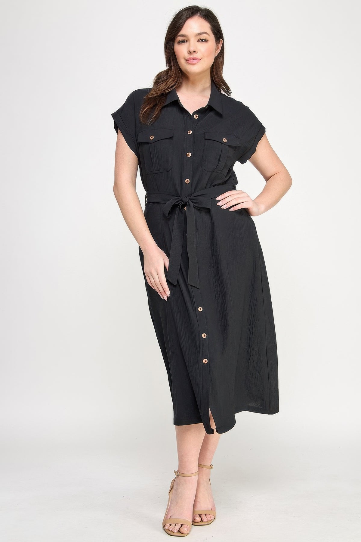 Black Front Tied Buttoned Short Sleeve Dress