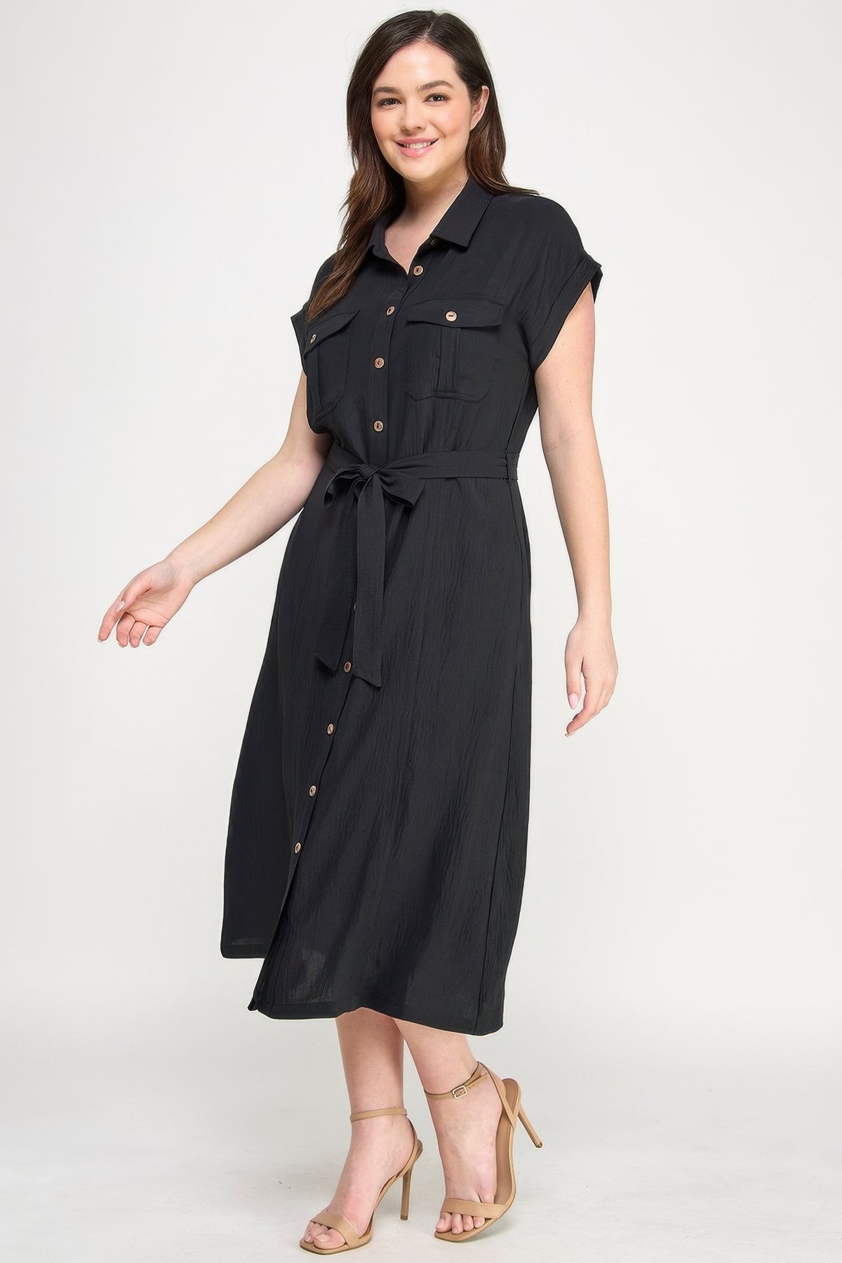 Black Front Tied Buttoned Short Sleeve Dress