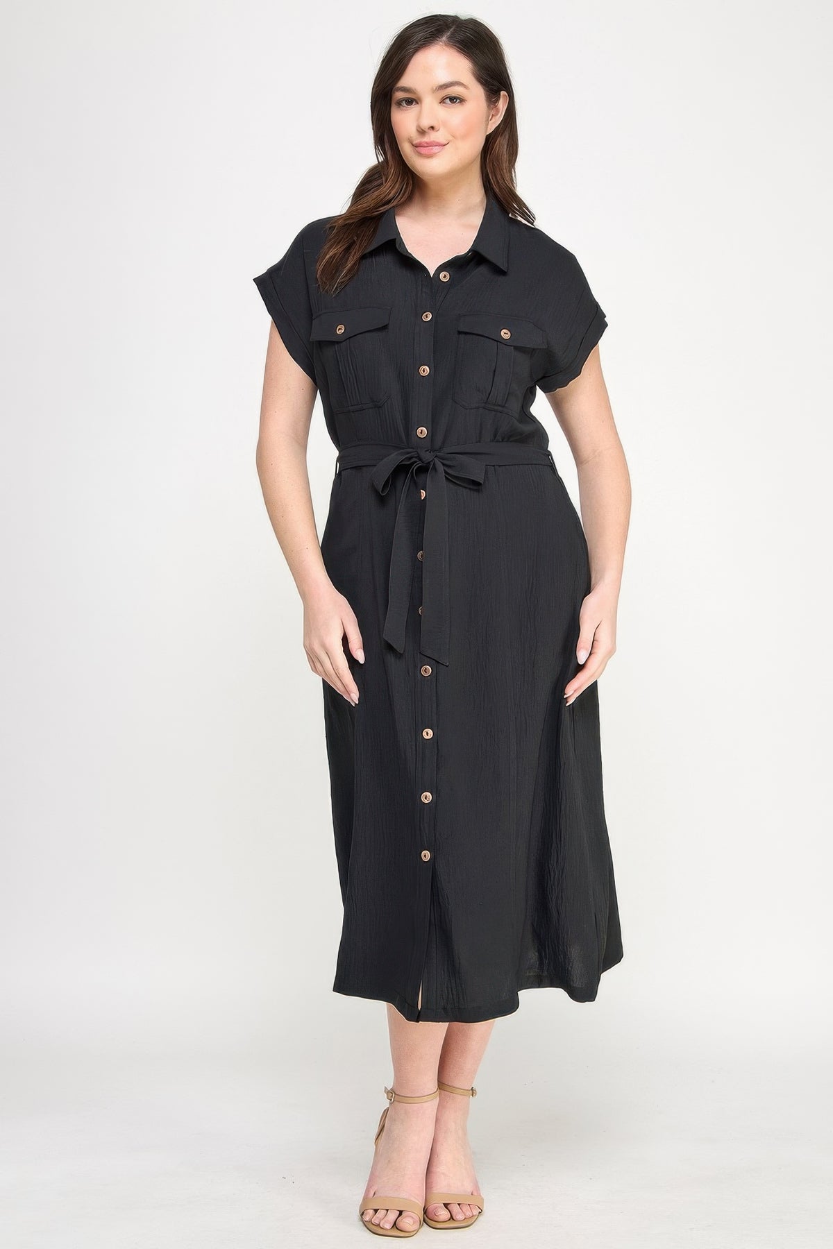 Black Front Tied Buttoned Short Sleeve Dress