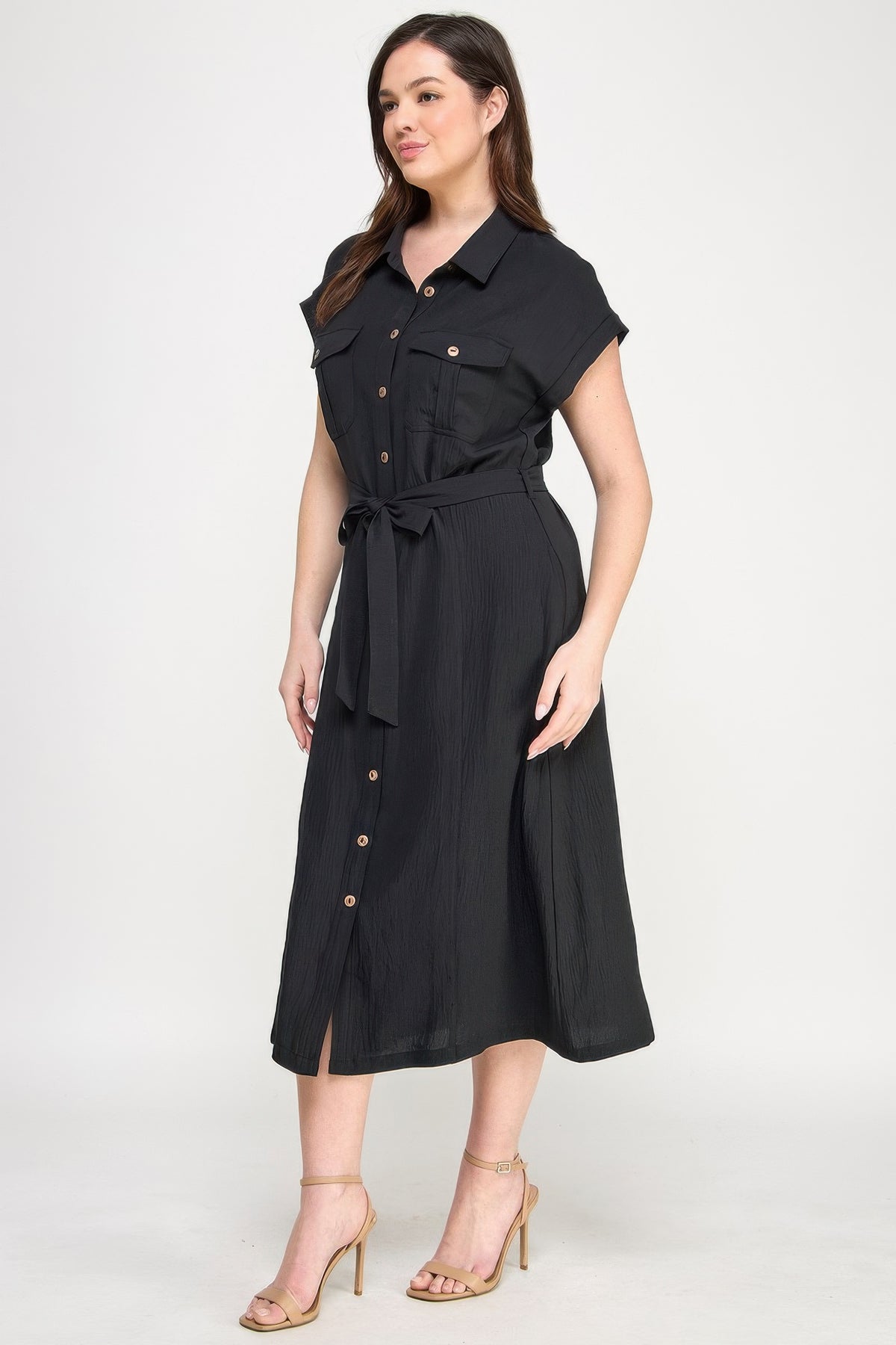 Black Front Tied Buttoned Short Sleeve Dress