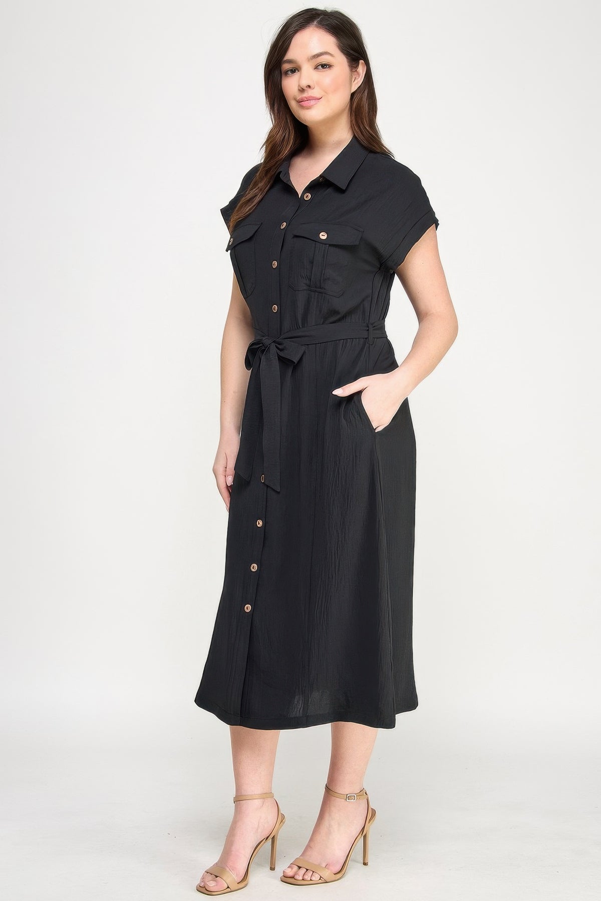 Black Front Tied Buttoned Short Sleeve Dress