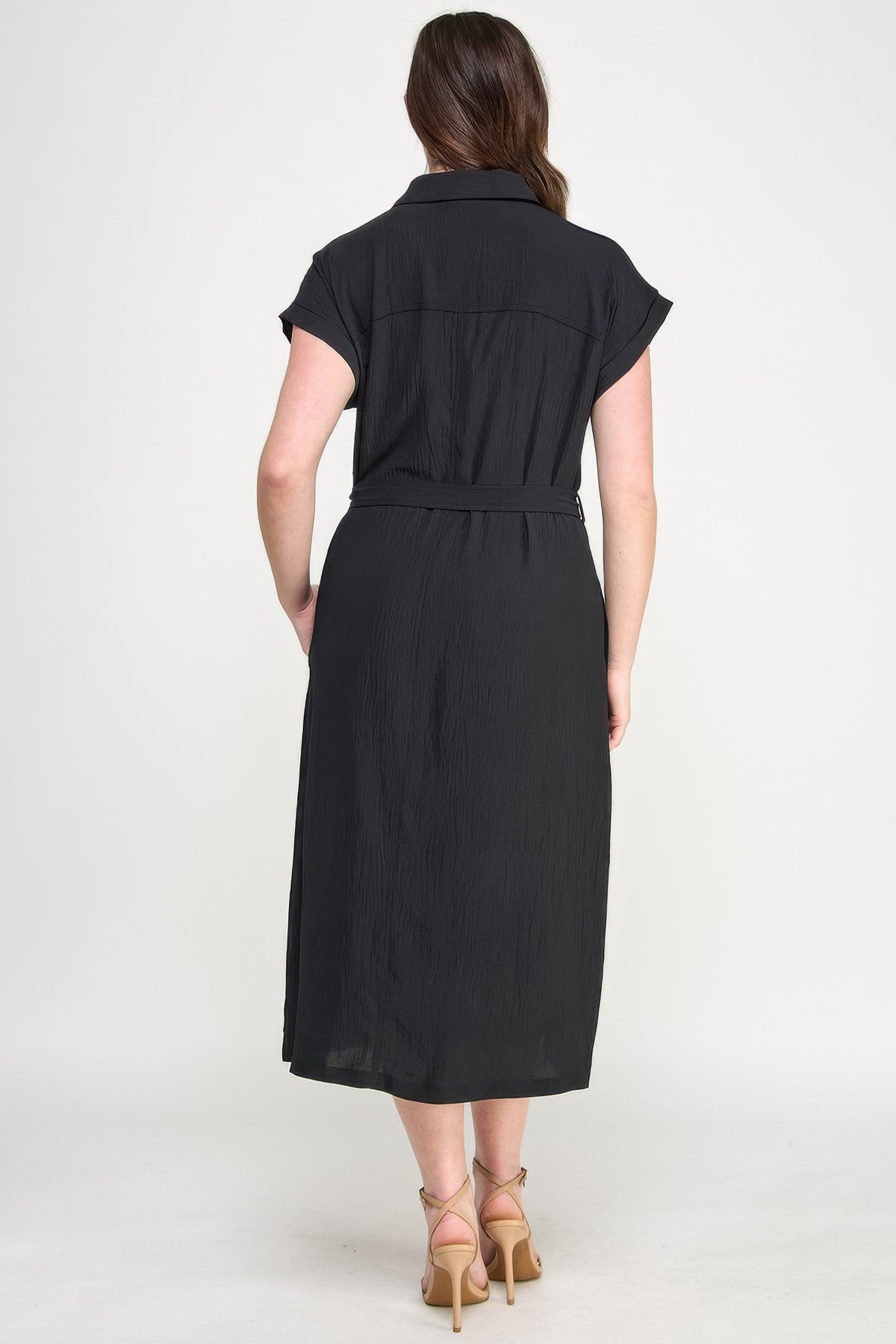 Black Front Tied Buttoned Short Sleeve Dress