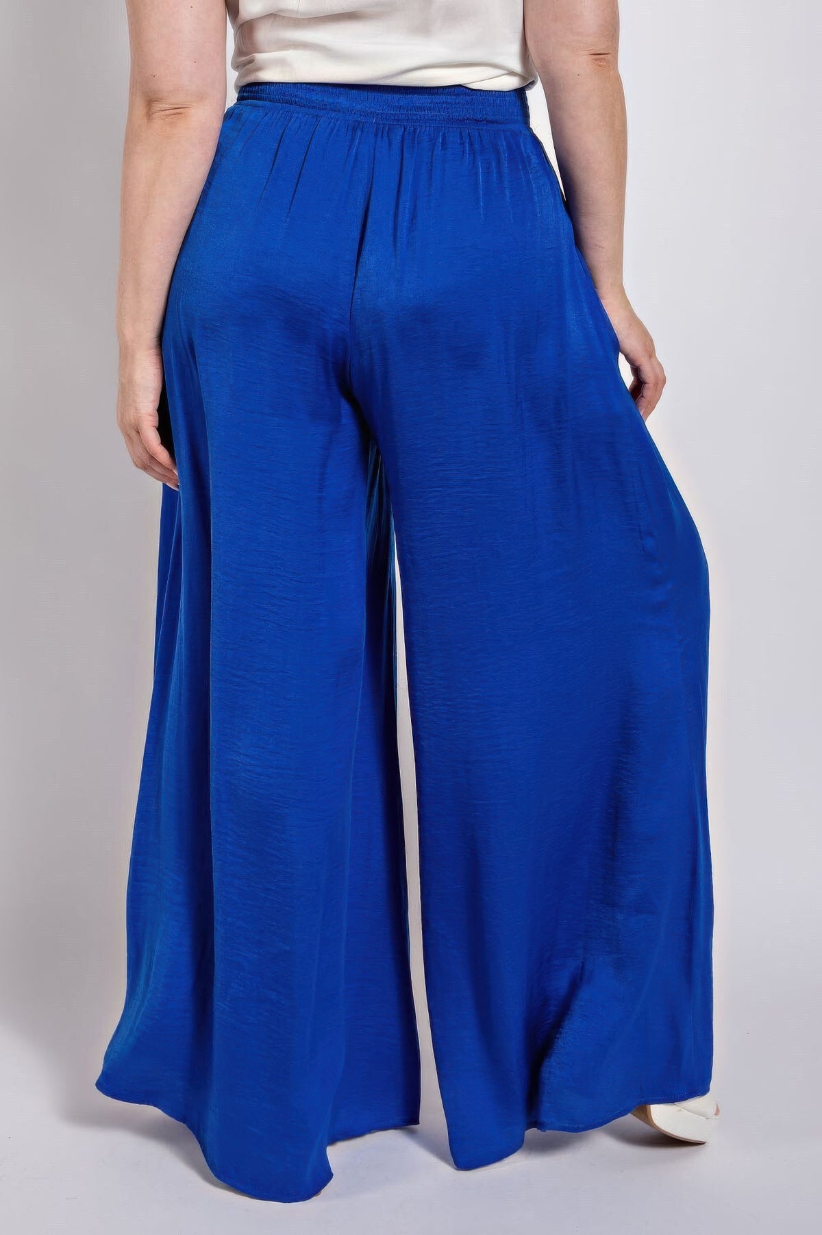 Royal Blue Washed Satin Wide Pants With Waist Smocked