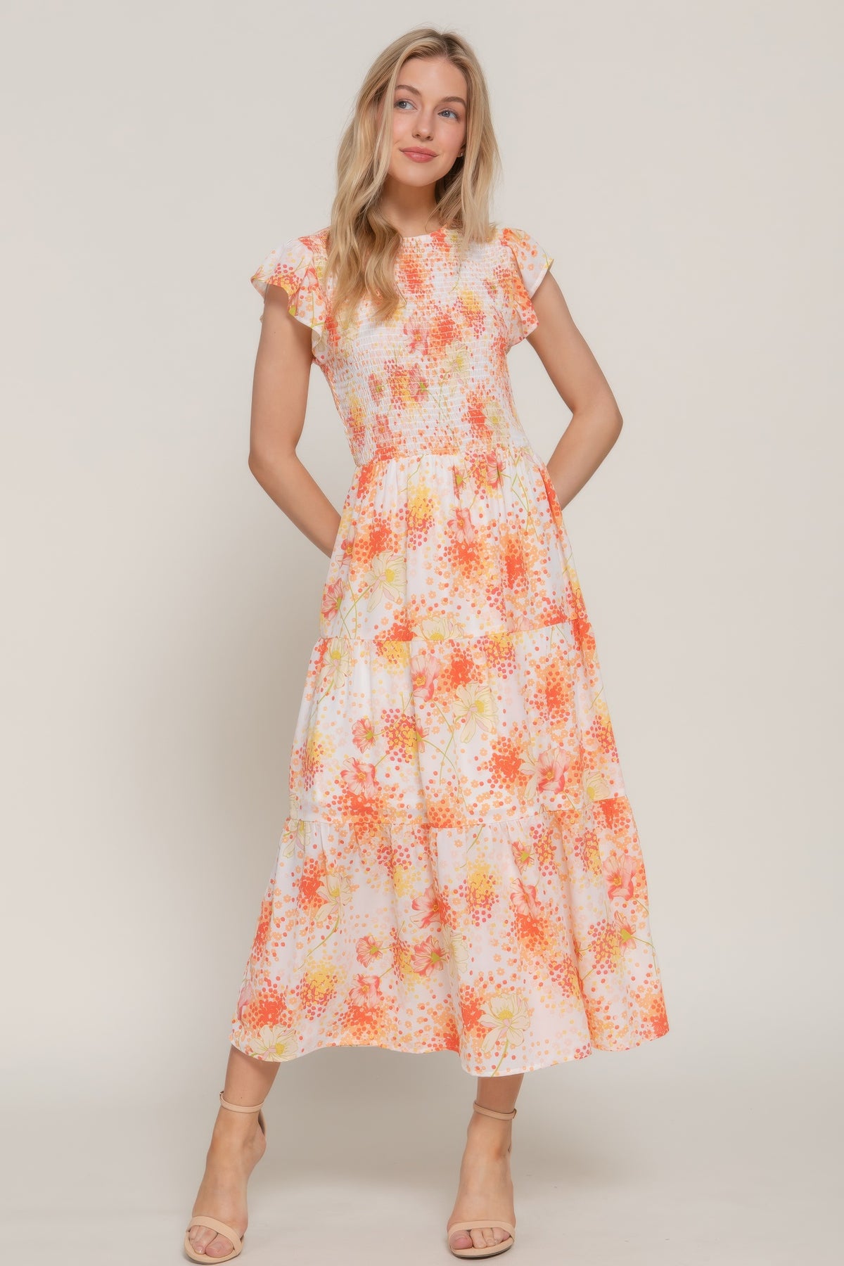 Ruffle Sleeve Smocked Floral Print Dress