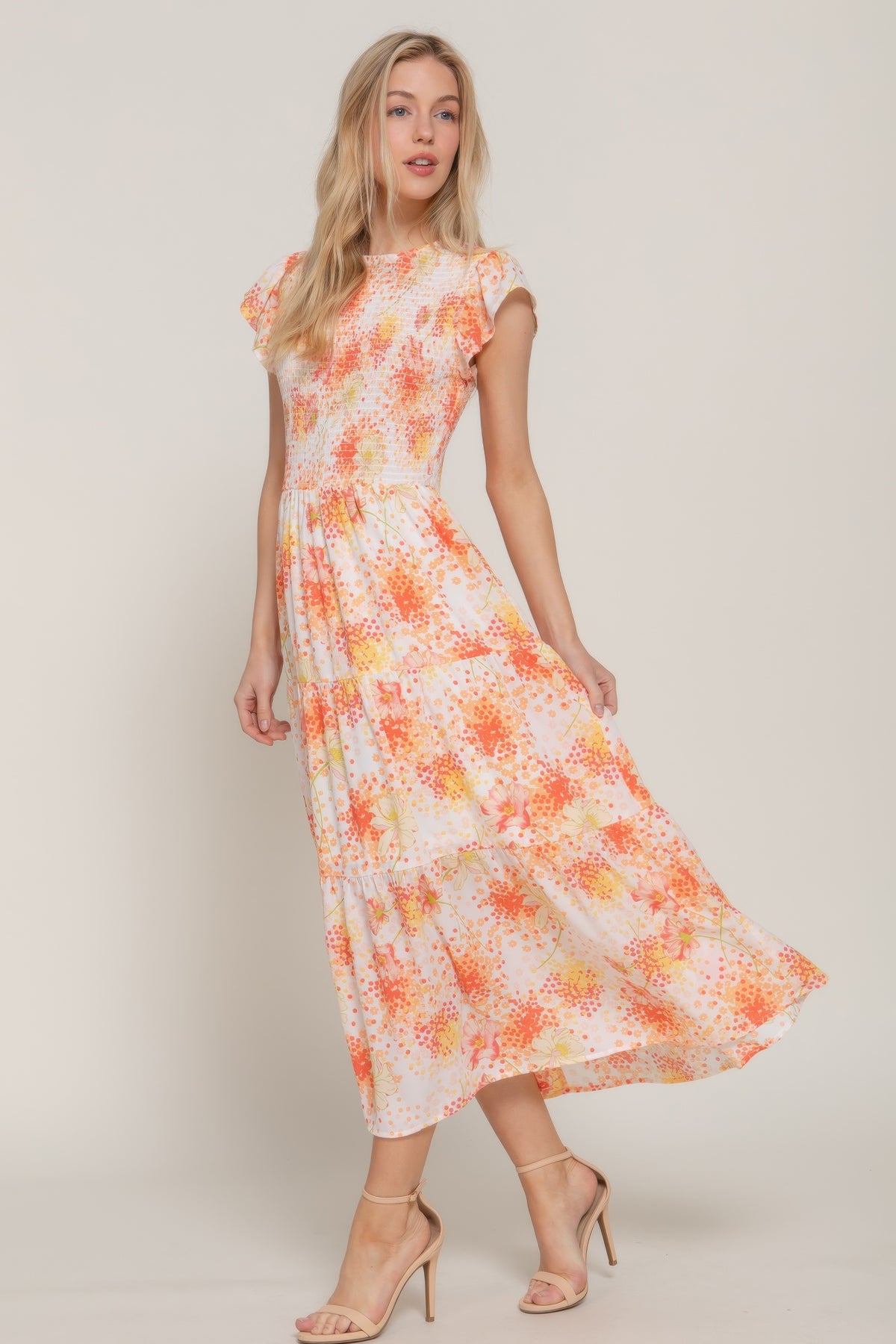 Ruffle Sleeve Smocked Floral Print Dress