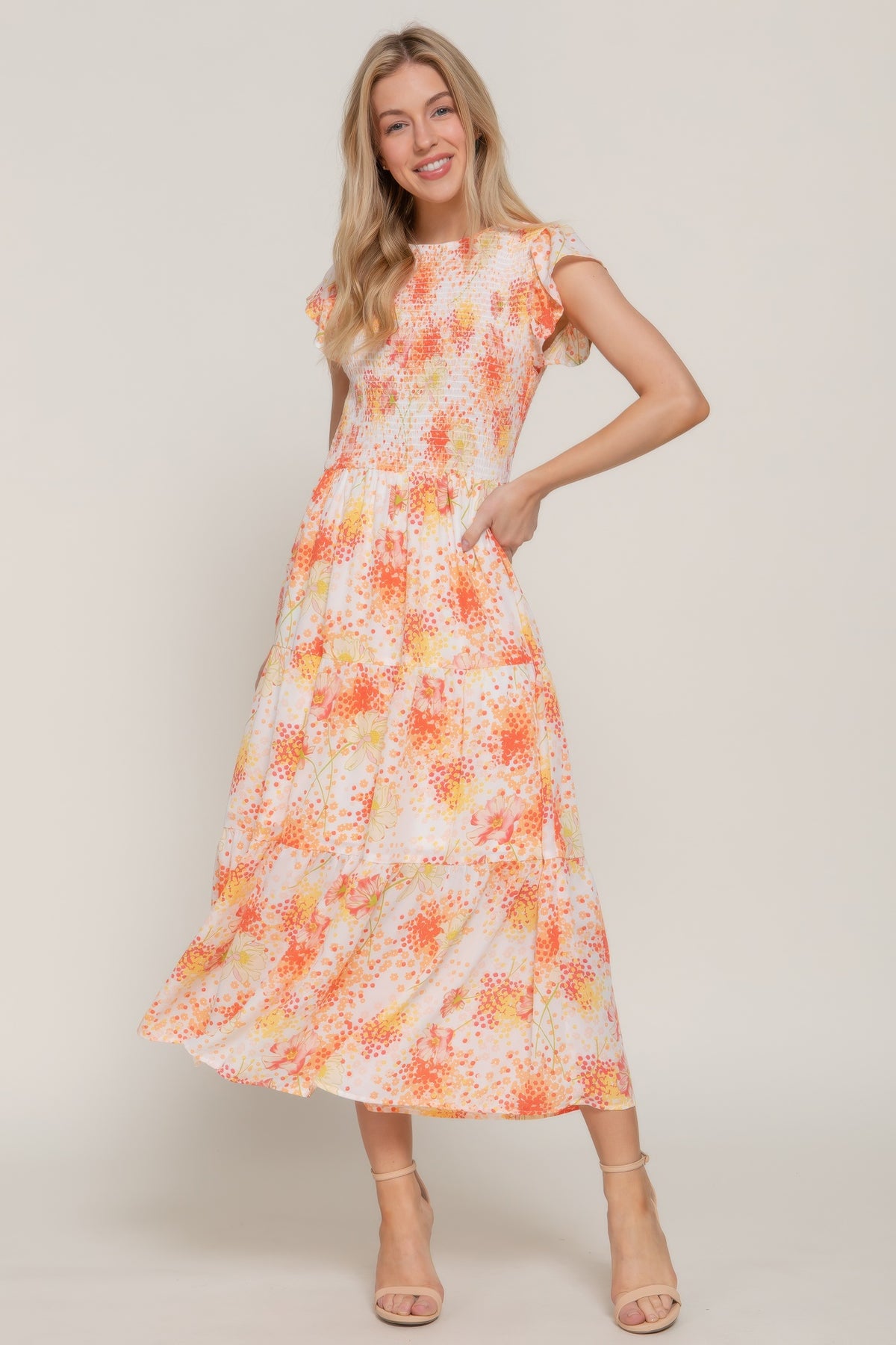 Ruffle Sleeve Smocked Floral Print Dress