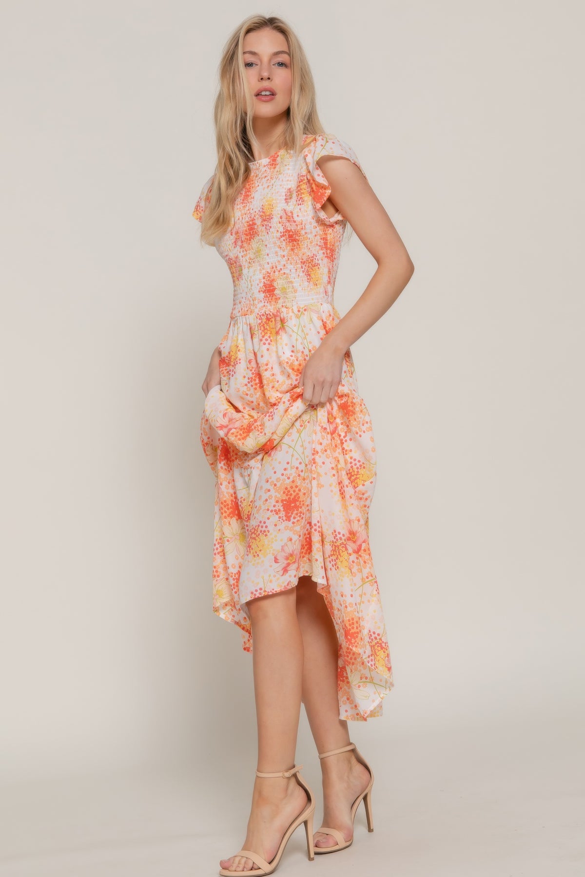 Ruffle Sleeve Smocked Floral Print Dress