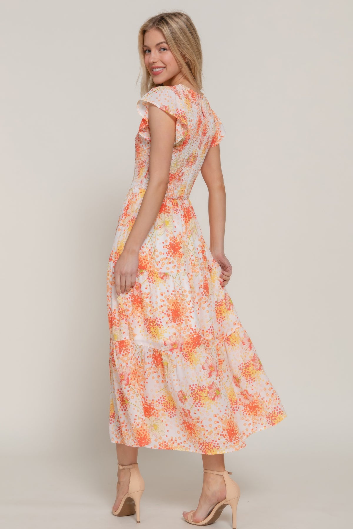 Ruffle Sleeve Smocked Floral Print Dress