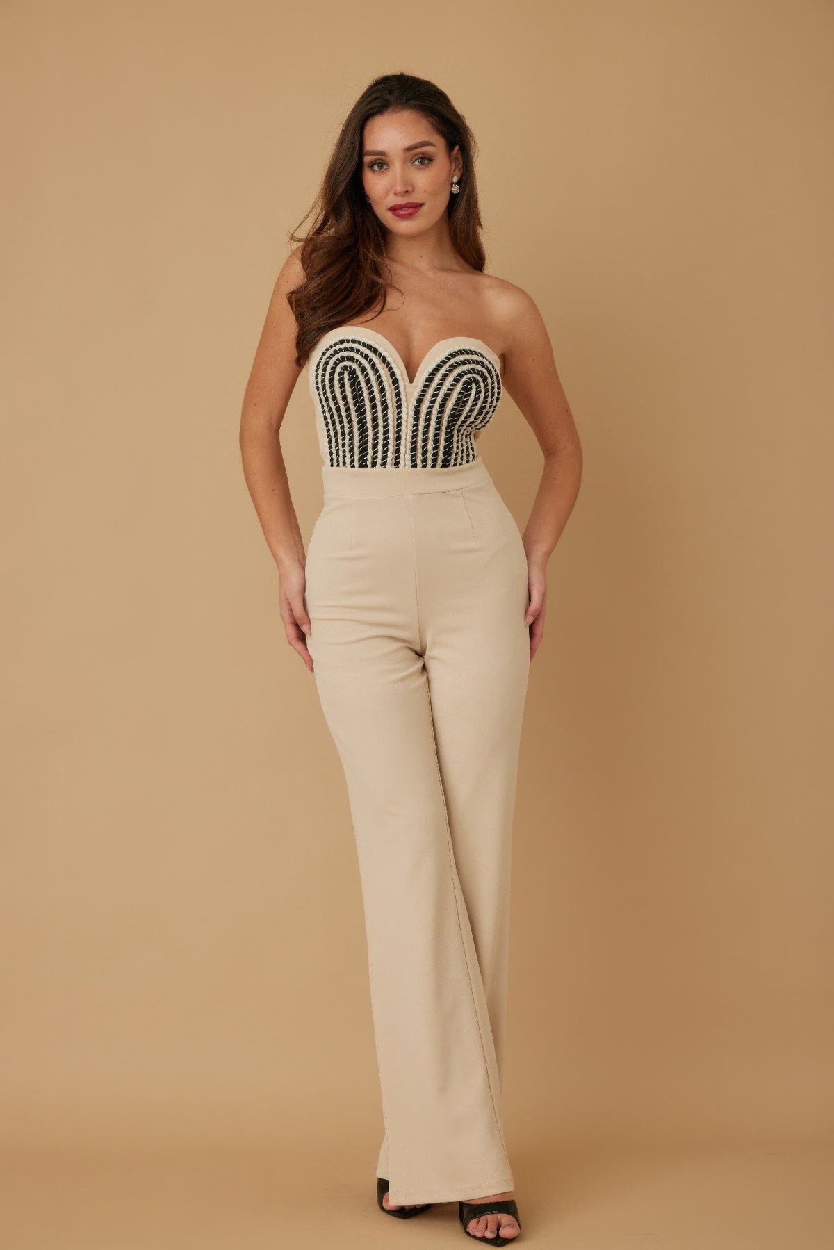 Threaded Twisted Rope Knot Tie Jumpsuit - Beige