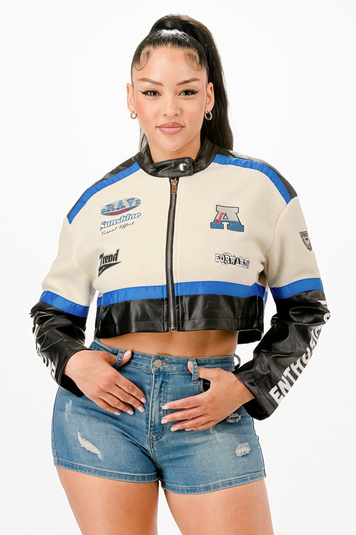 Colorblock Crop Jacket - Blue