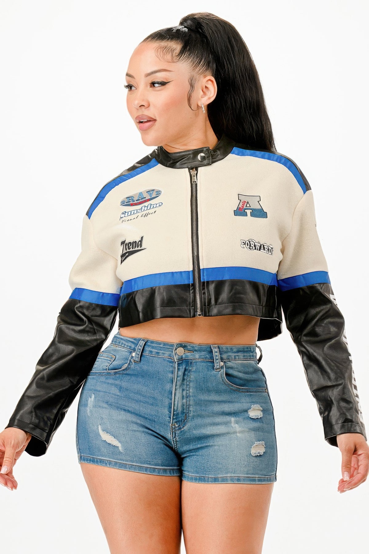 Colorblock Crop Jacket - Blue