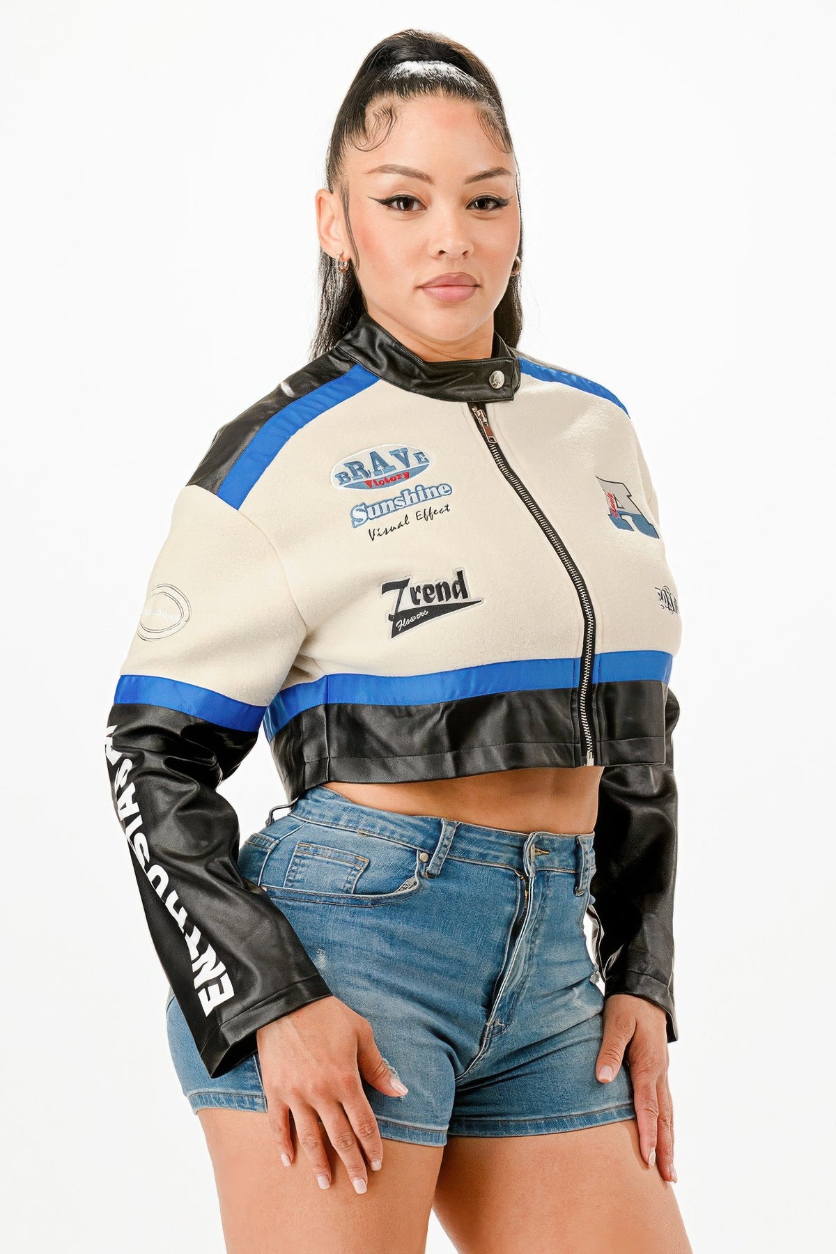 Colorblock Crop Jacket - Blue