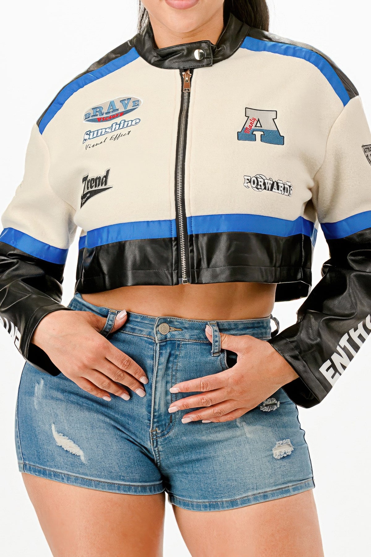 Colorblock Crop Jacket - Blue