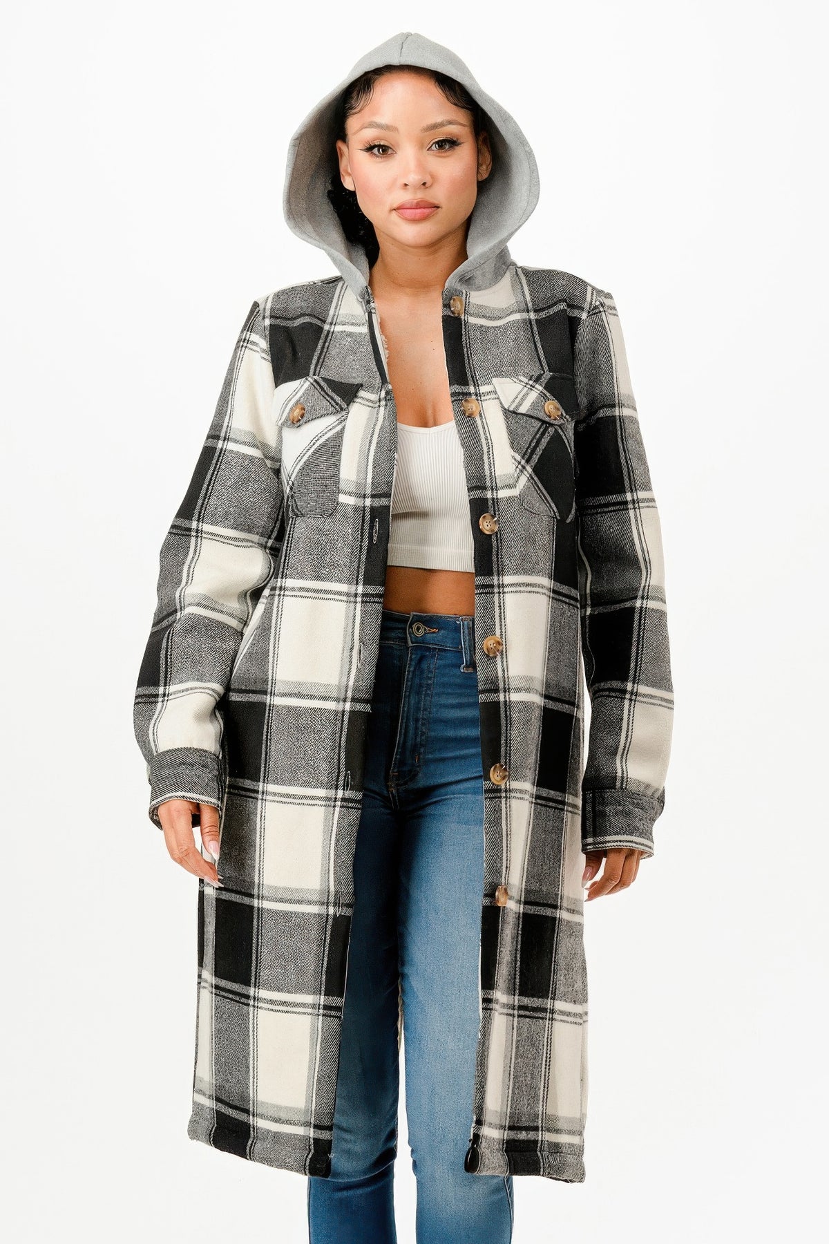 Hooded Plaid Coat - Black