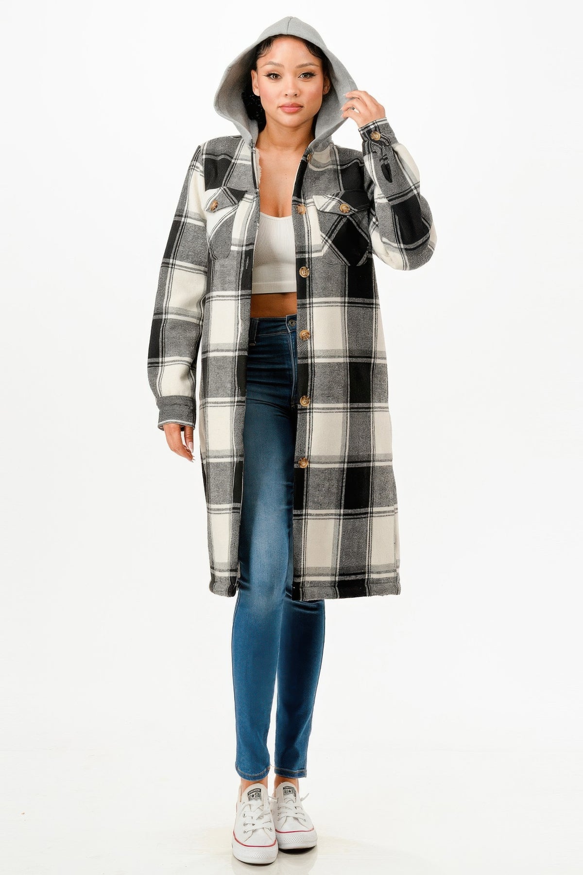 Hooded Plaid Coat - Black