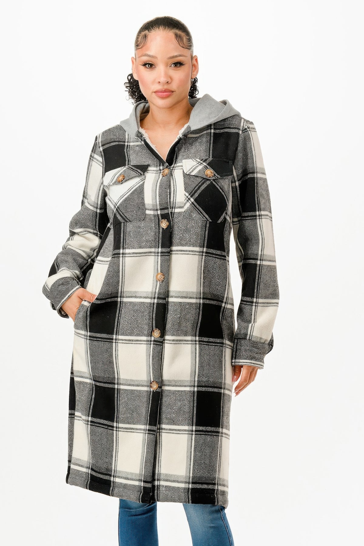 Hooded Plaid Coat - Black