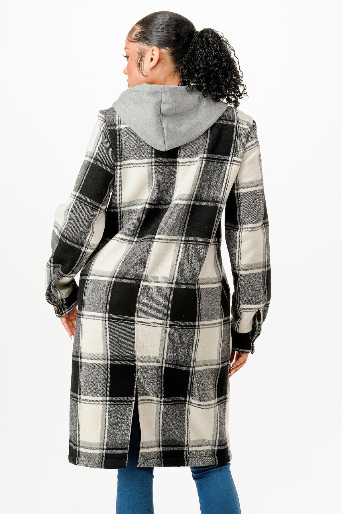 Hooded Plaid Coat - Black