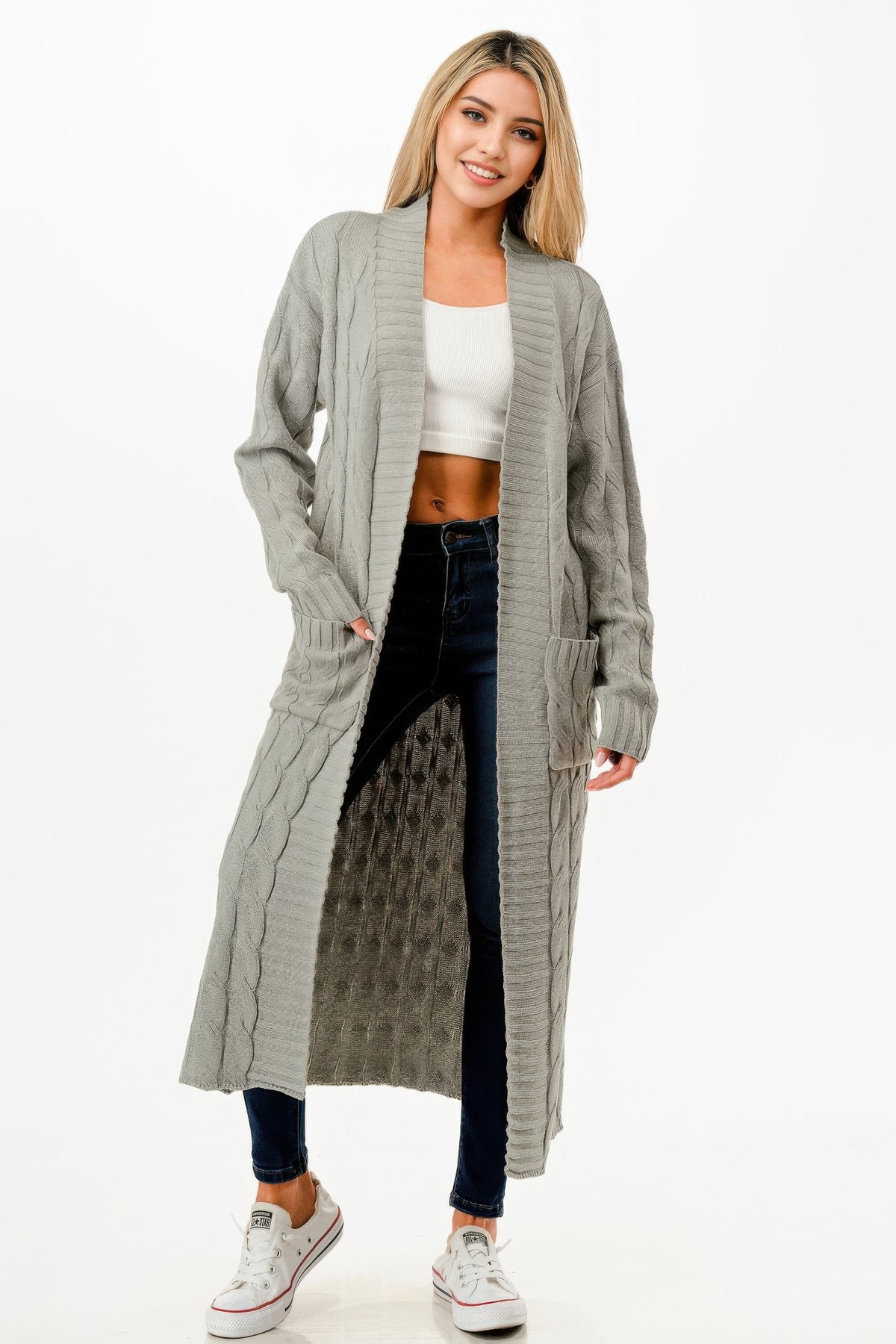Cable Sweater Long Cardigan - Natural Grey