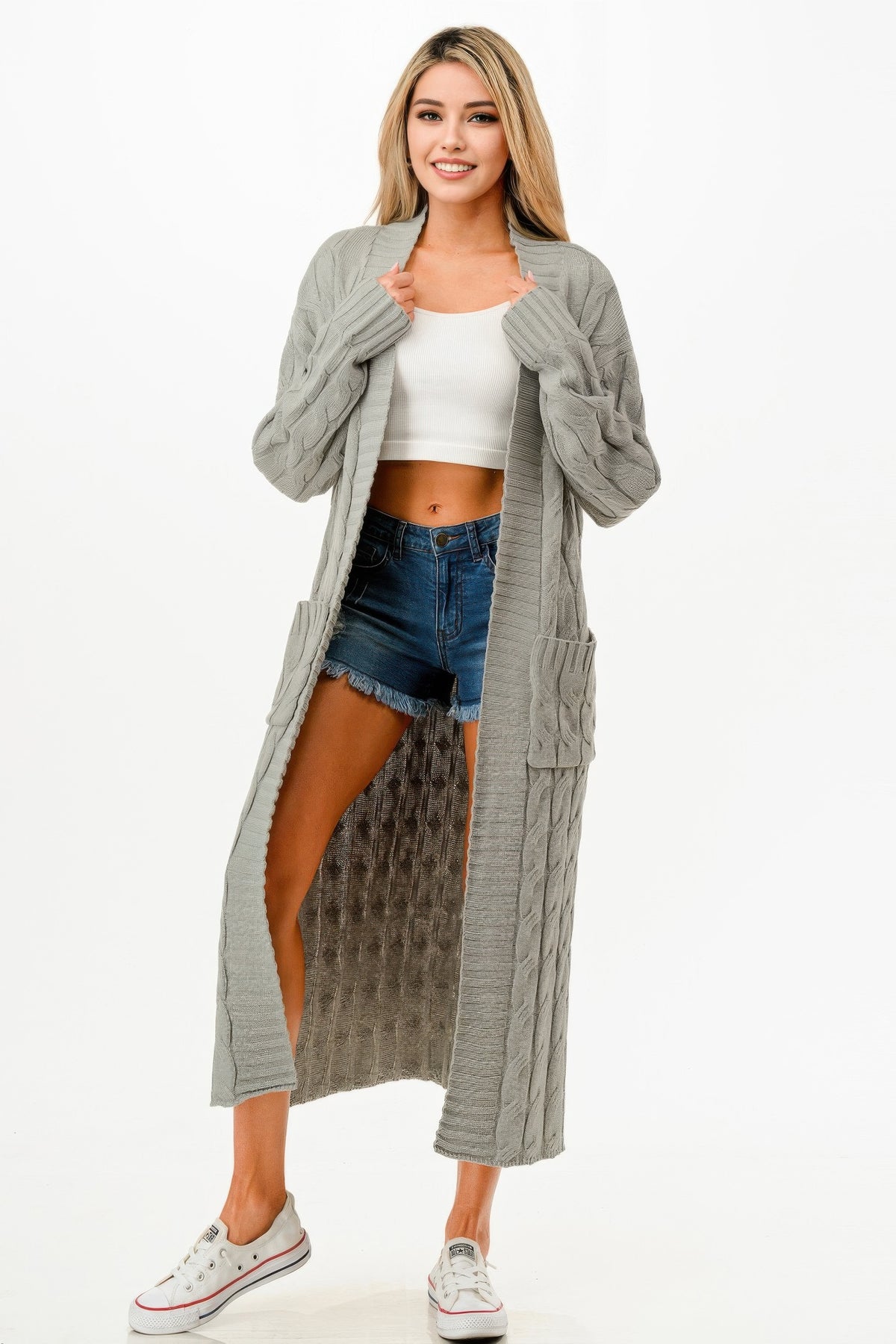 Cable Sweater Long Cardigan - Natural Grey