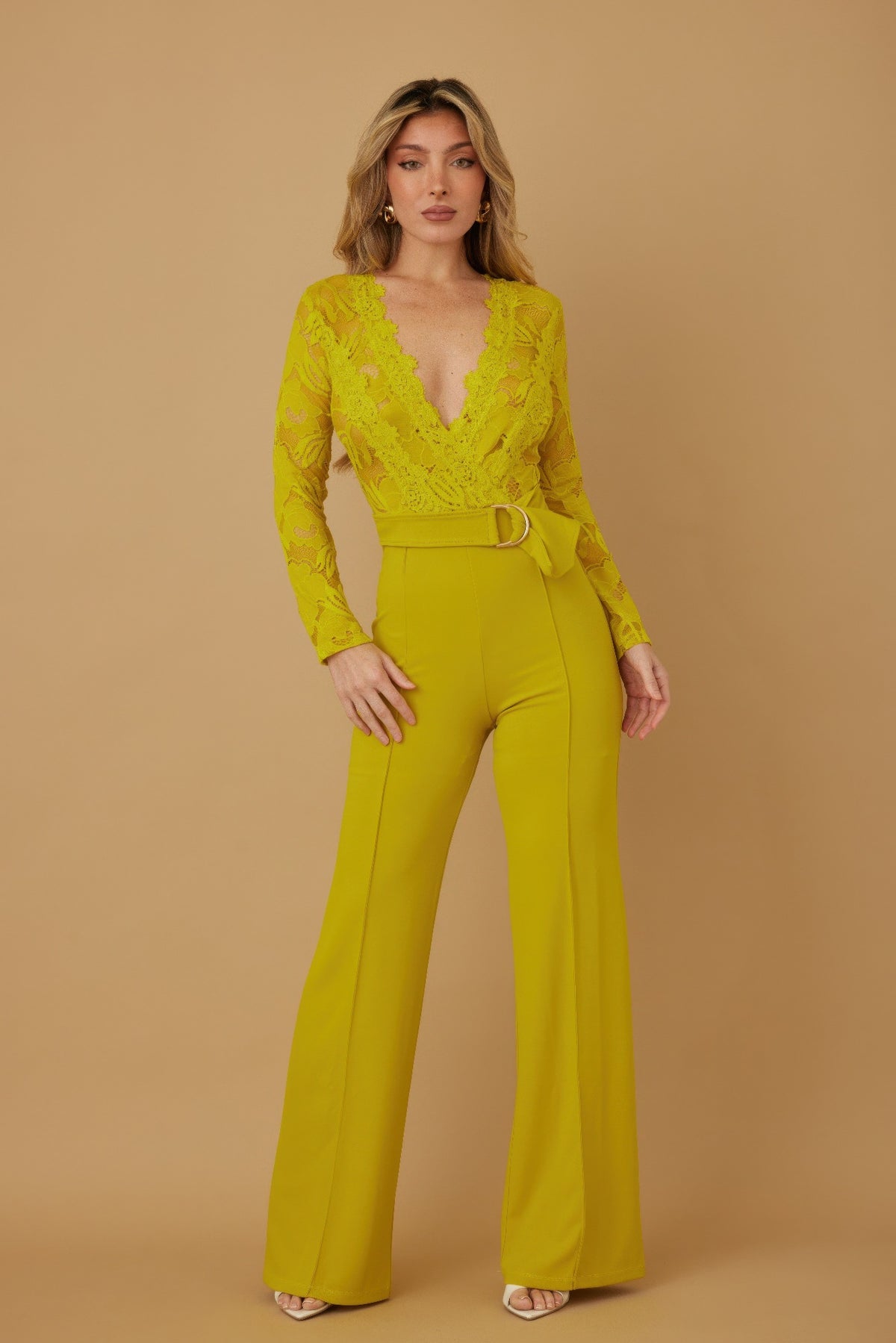 Lace Crochet Long Sleeve Jumpsuit - Lime