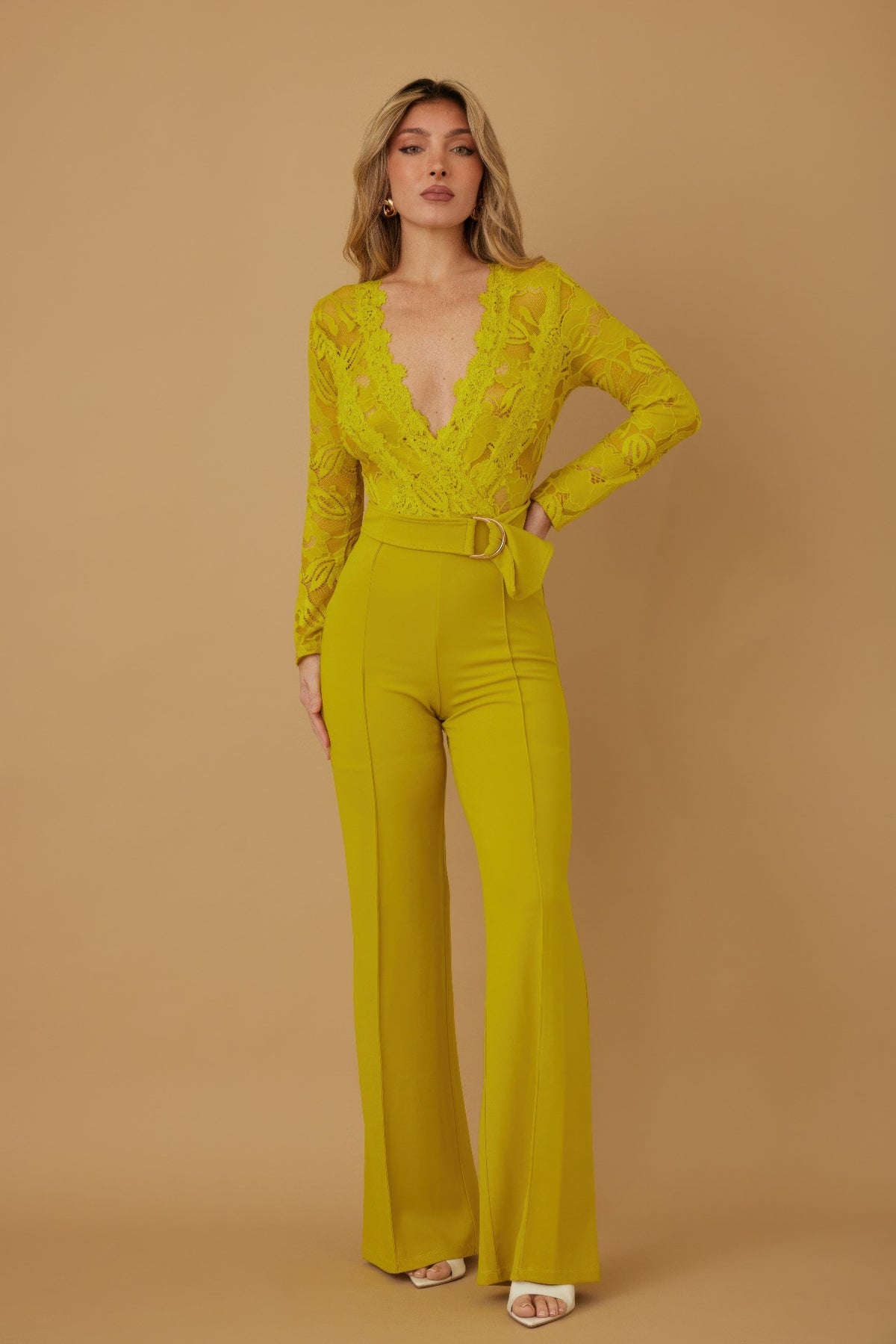 Lace Crochet Long Sleeve Jumpsuit - Lime