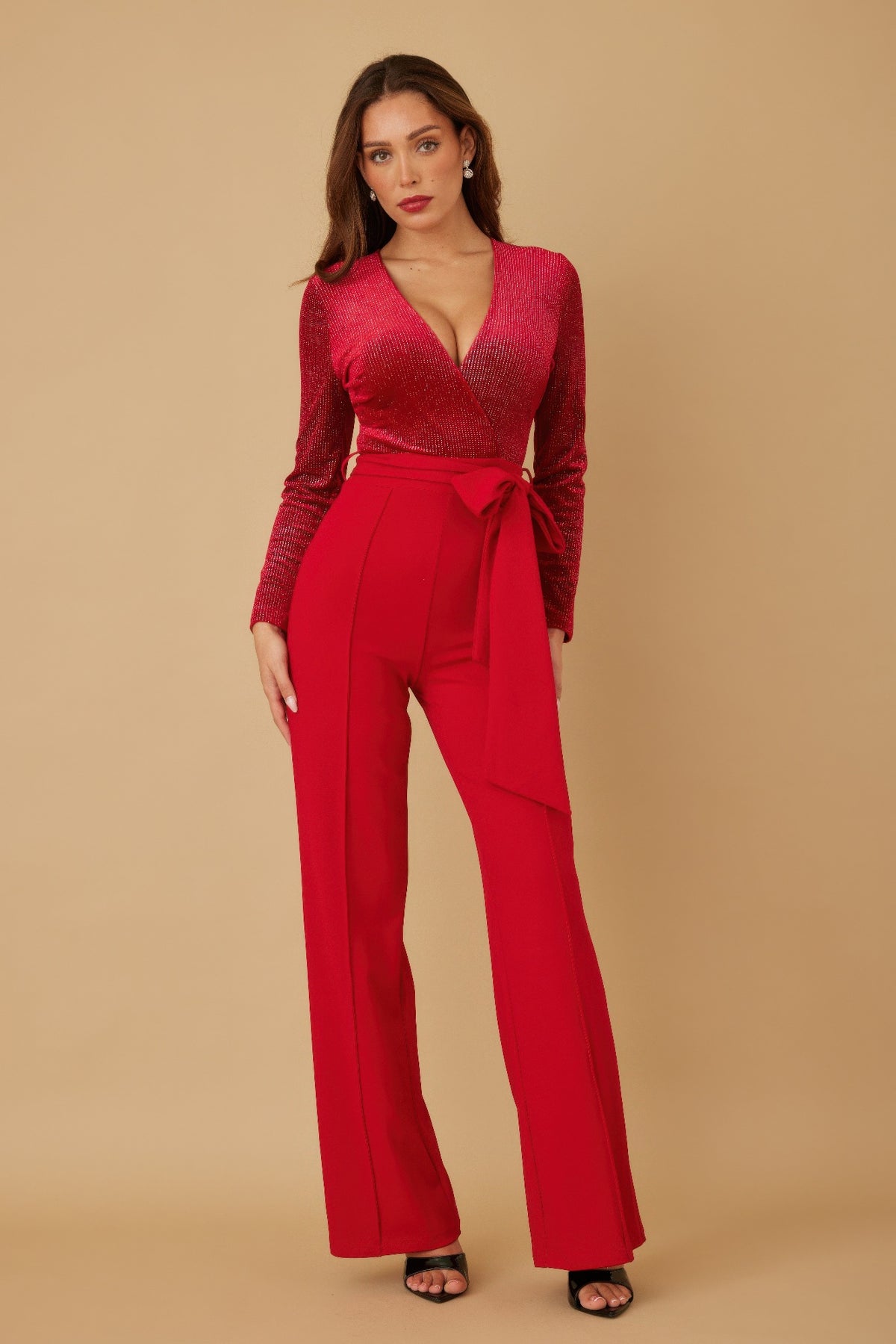 Velvet Top Fashion Jumpsuit - Black/Red