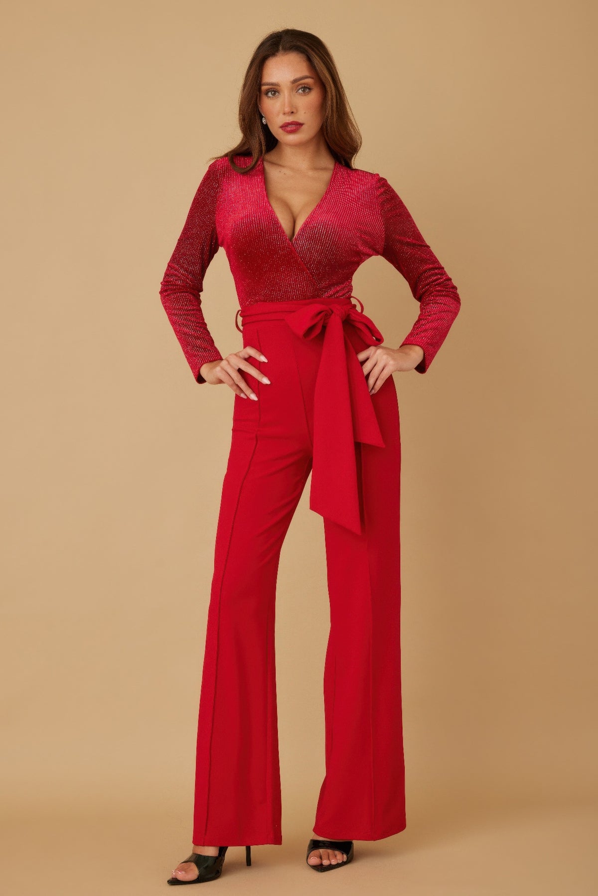 Velvet Top Fashion Jumpsuit - Black/Red