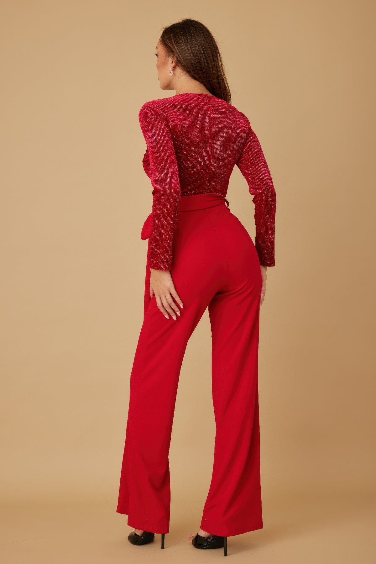 Velvet Top Fashion Jumpsuit - Black/Red